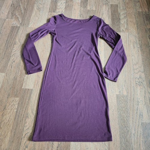 Plum Purple Long Sleeve Bodycon Midi Dress Scoop Neck Jersey Knit Minimalist 447