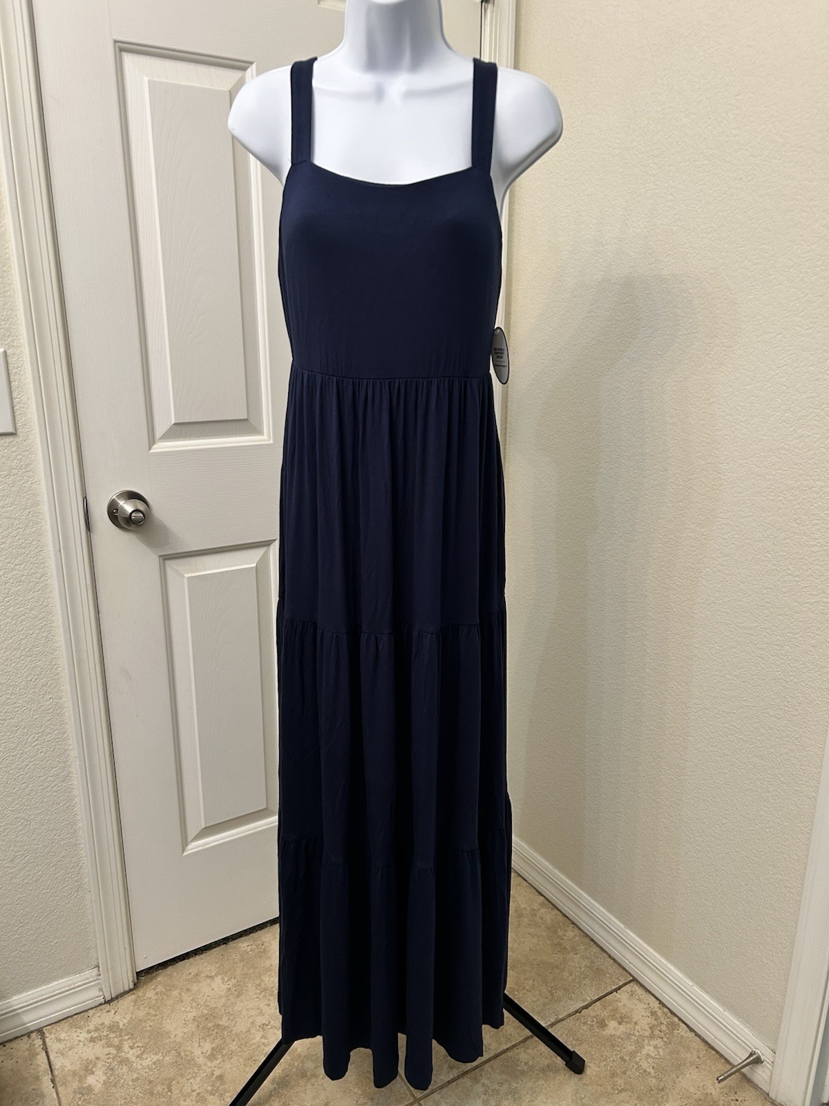 NWT Soma WKND Invisible Support Tiered Maxi Dress Navy Blue Built-In Bra Size S