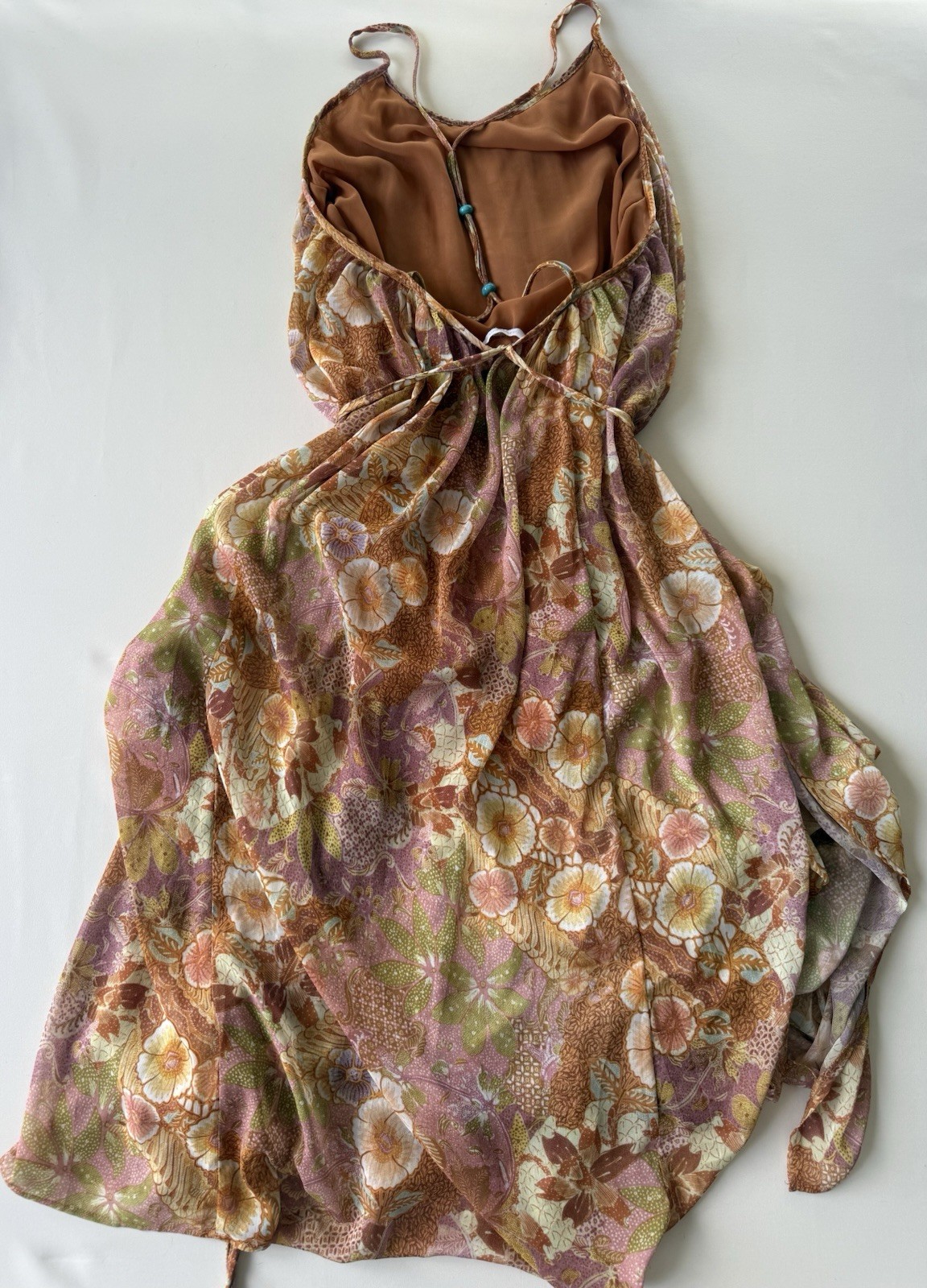 Olivaceous Floral Halter Mini Dress Tie Back Open Back Boho Size M