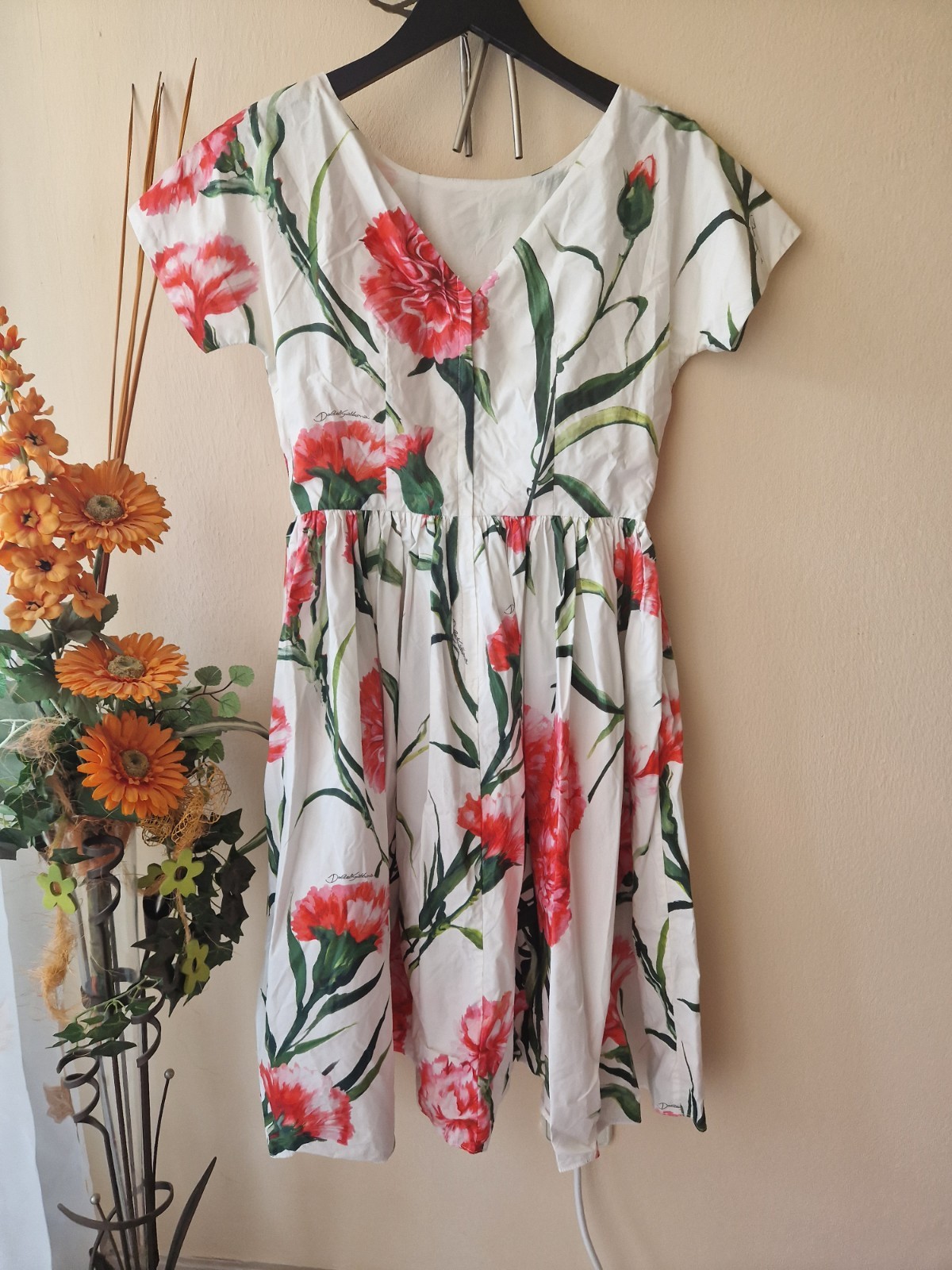 Handmade Italian Designer Carnation Print Clove Cotton Dress Size S