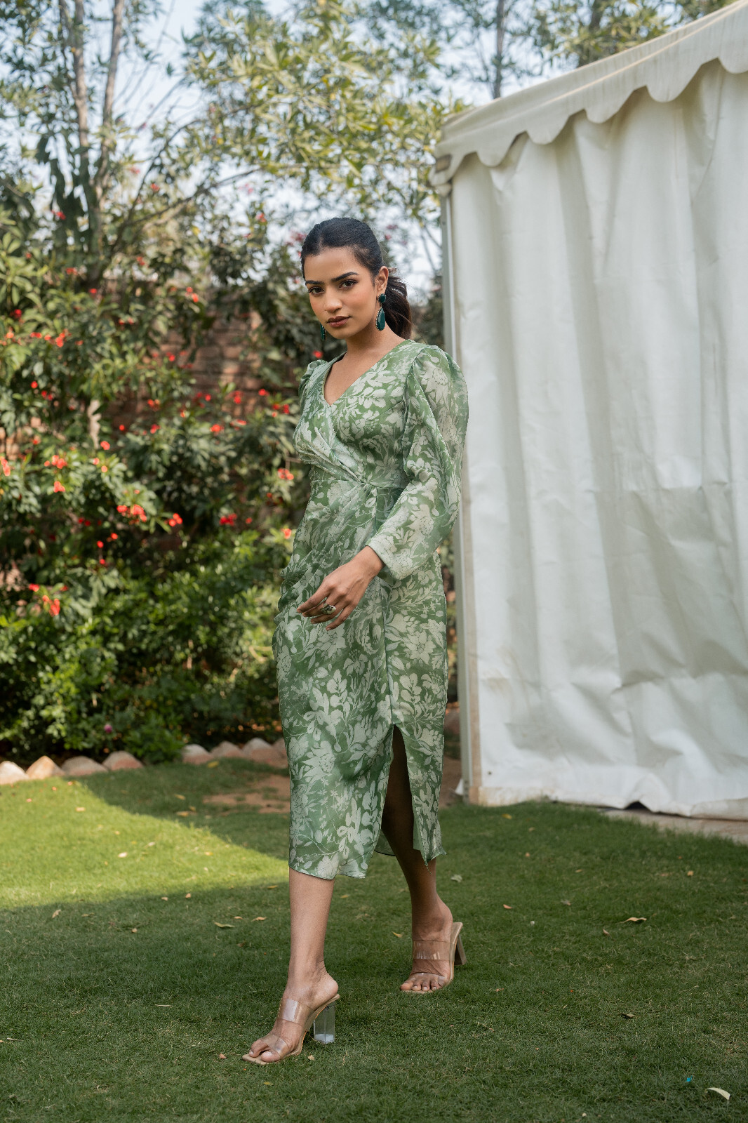 Asymmetric Floral Print Midi Dress Green Long Sleeve Front Slit Formal Gift Idea