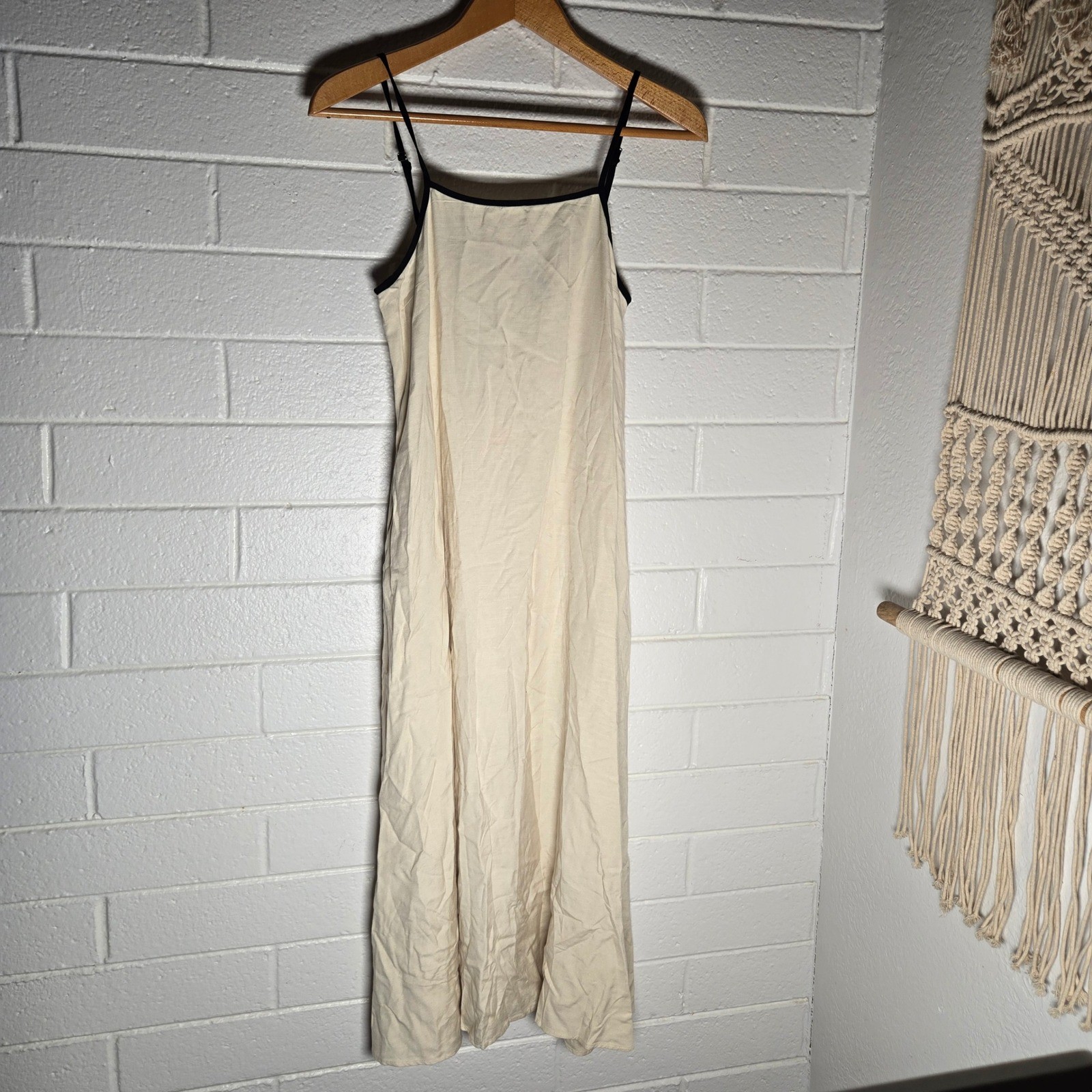 Linen Blend Contrast Trim Midi Slip Dress Cream Black Small Boho Minimalist