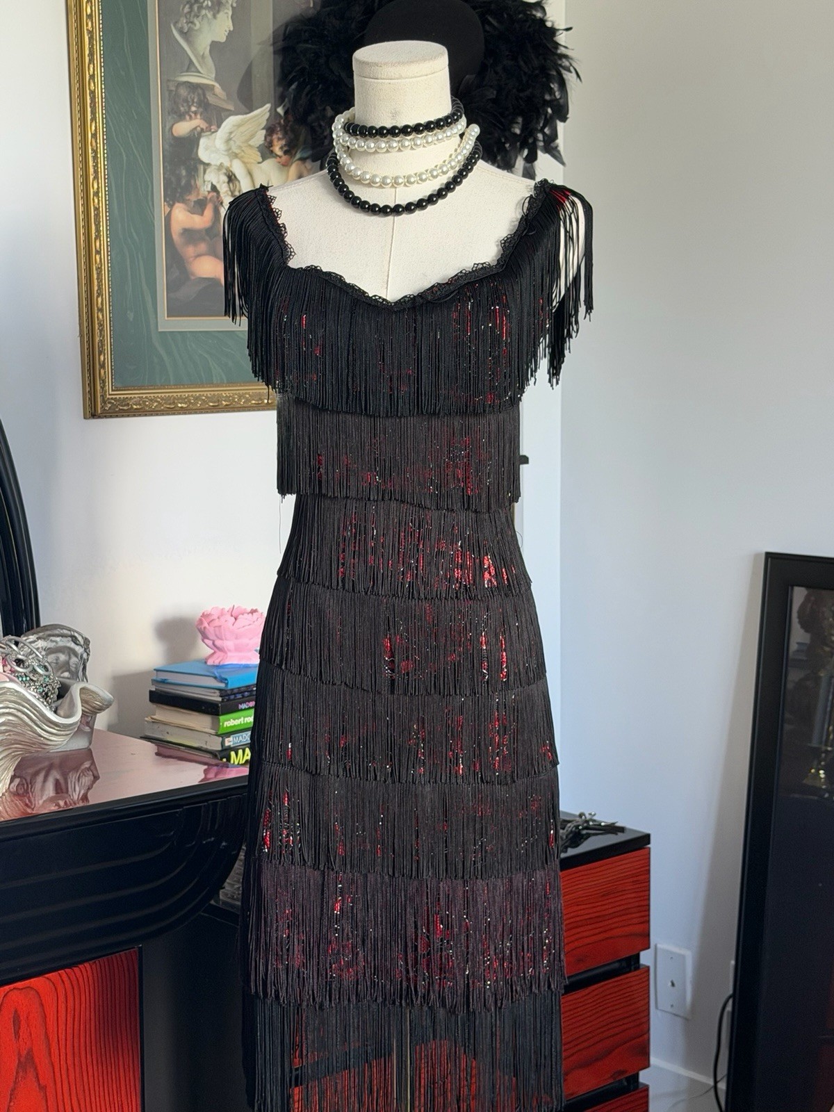 Vintage Morgan & Co Black Fringe Dress Red Sequin Flapper Gatsby Cocktail Size S