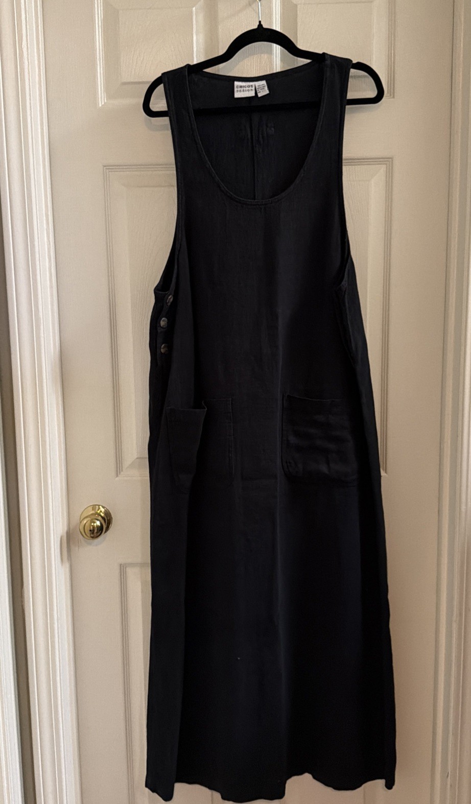 Chico’s Design Women’s 100% Linen Black Maxi Pinafore Dress Size 1 Boho Overalls