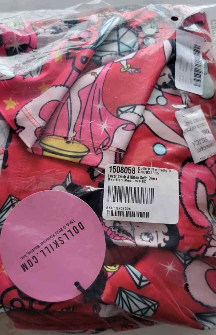 Dolls Kill & Betty Boop Lover Catch A Kitten Off Shoulder Satin Dress Medium