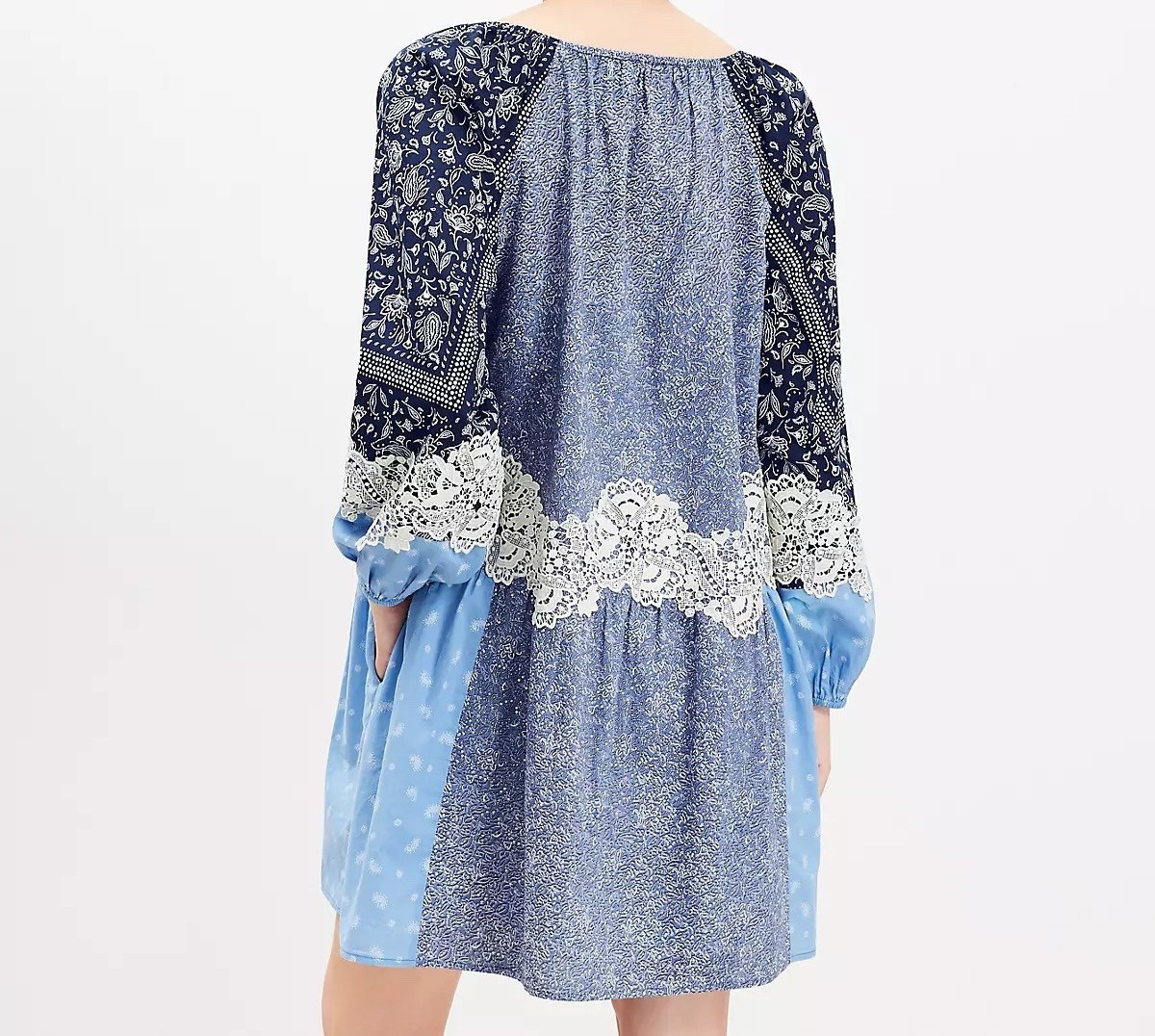LOFT Precious Sapphire Lace Paisley Tie Mini Pocket Dress Patchwork Boho LP NWT