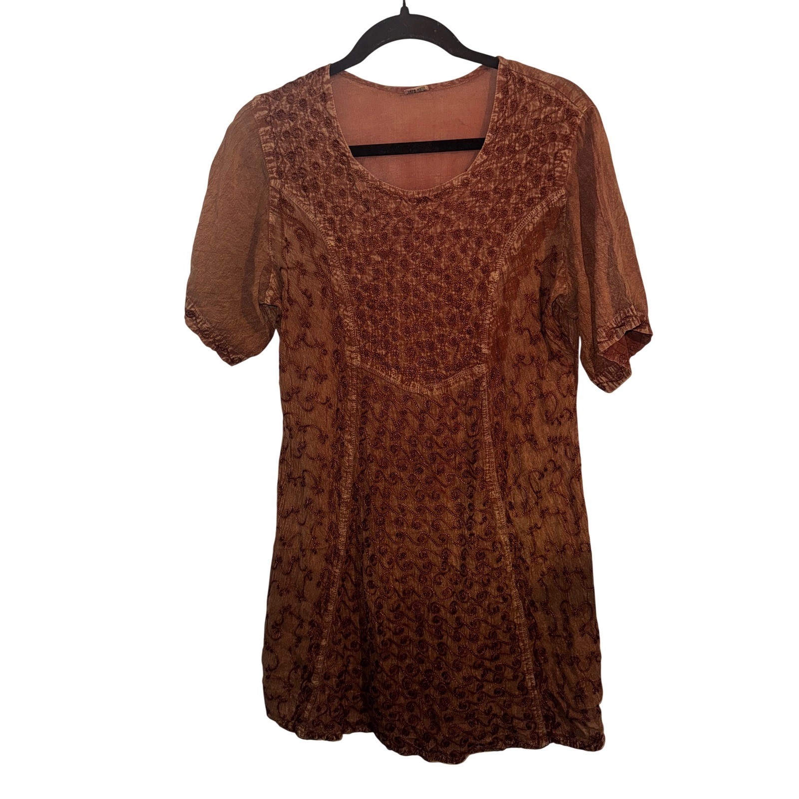 Boho Rust Terracotta Embroidered Rayon Tunic Dress Back Tie Free Size India