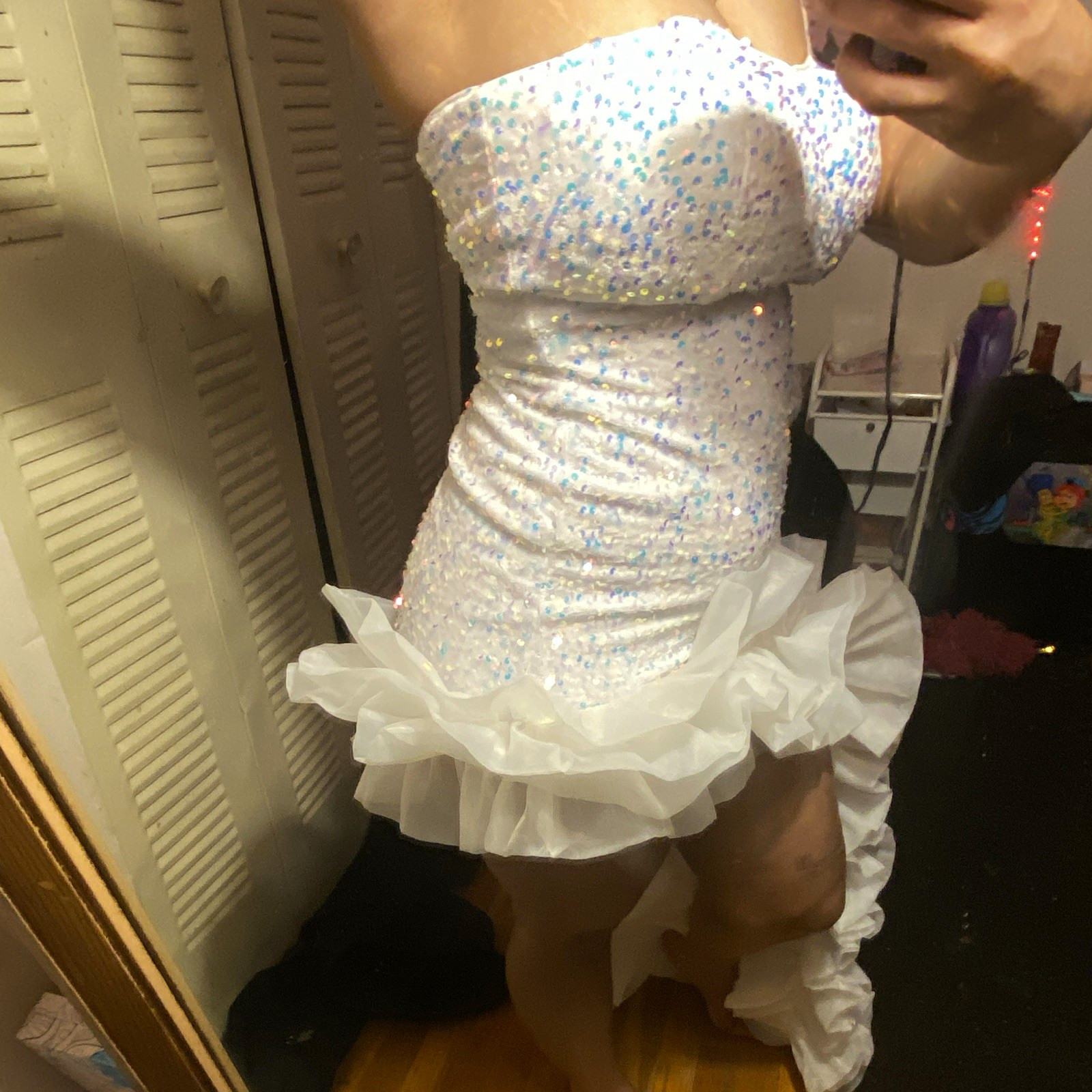 Women’s White Sequin Strapless Sleeveless Hi-Low Ruffle Mini Cocktail Dress