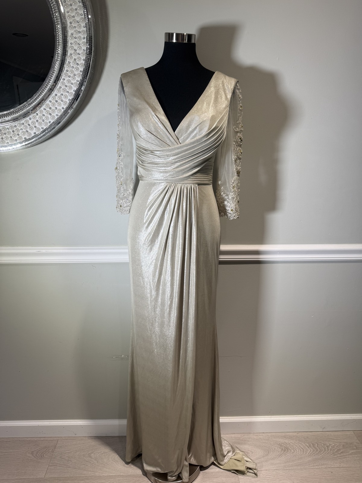 Terani Couture Light Olive Green Silver Shimmer Beaded Formal Dress Size 4