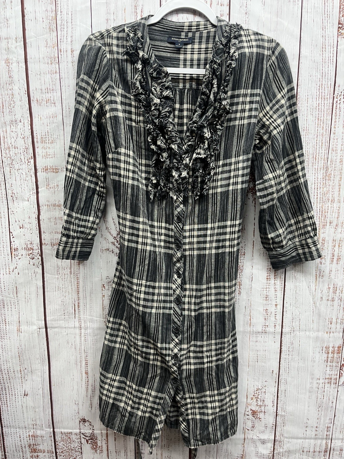 BANANA REPUBLIC Shirt Dress Button Up Women 8 Plaid 3/4 Sleeve Gray Preppy