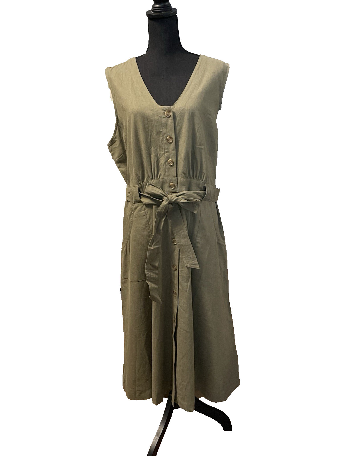 Barbour Midi Dress Size 14 US Rutherglen Khaki Classic Linen Cotton Blend NWT