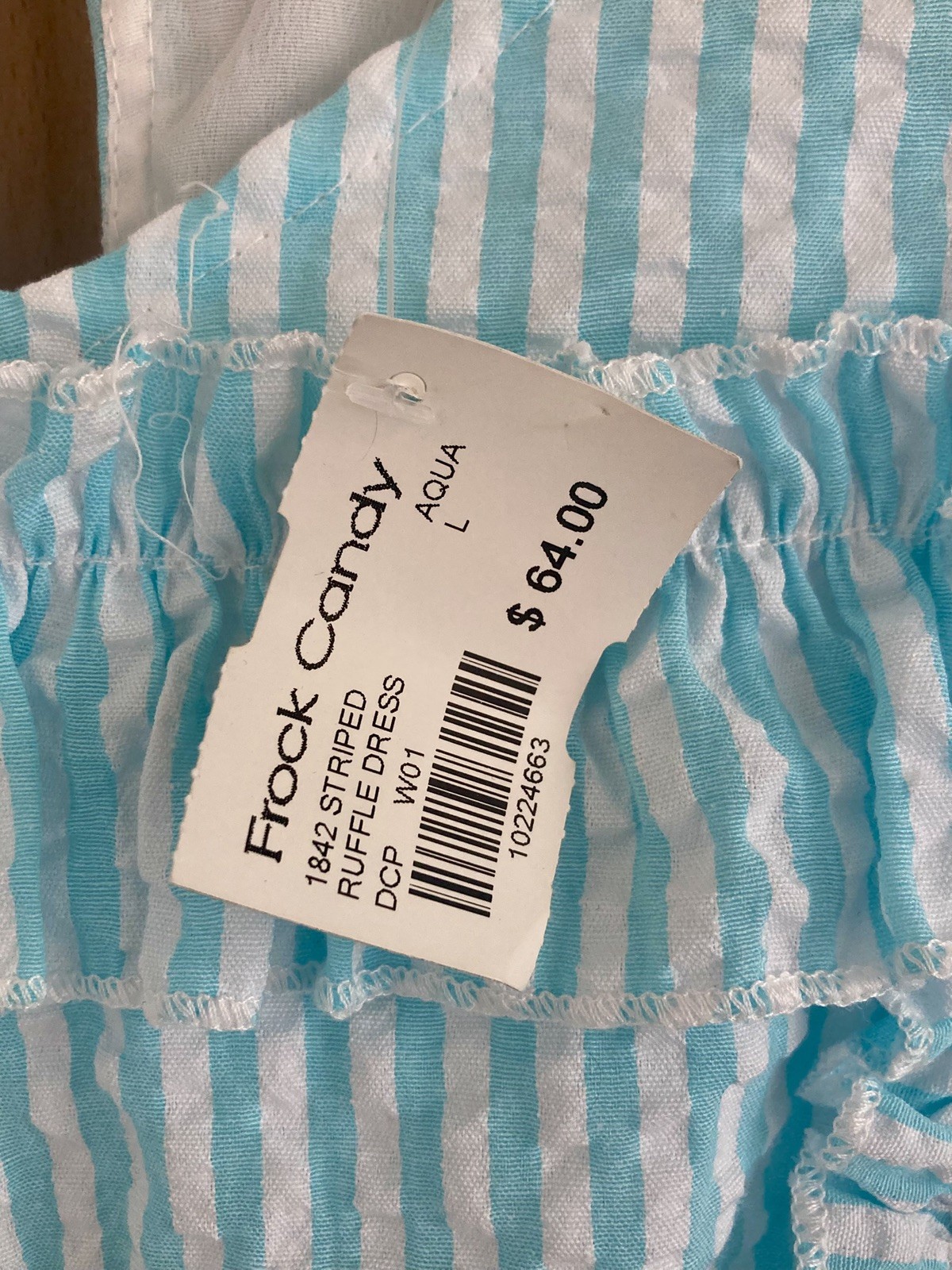 NWT Merci Aqua White Large Smock Ruffle Puff Sleeve Seersucker Dress Coastal