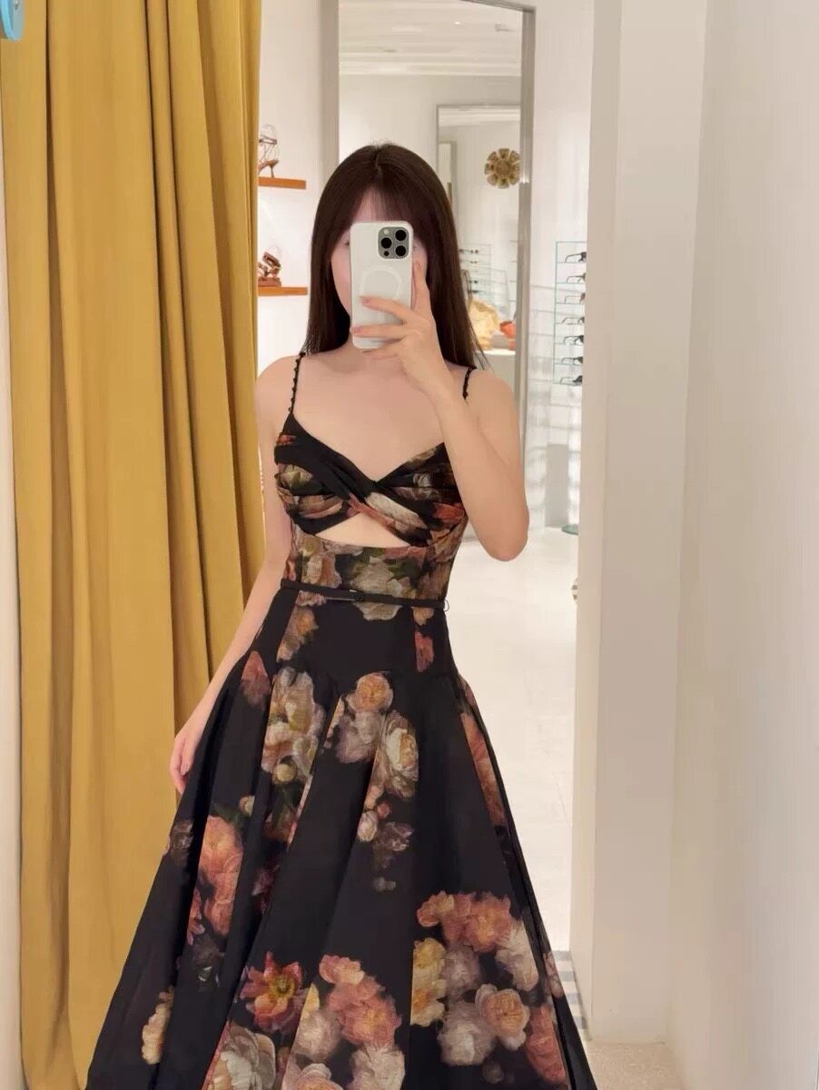 NWT Zimmermann 2026 Spring Summer Resort New Black Floral Cami Swing Midi Dress