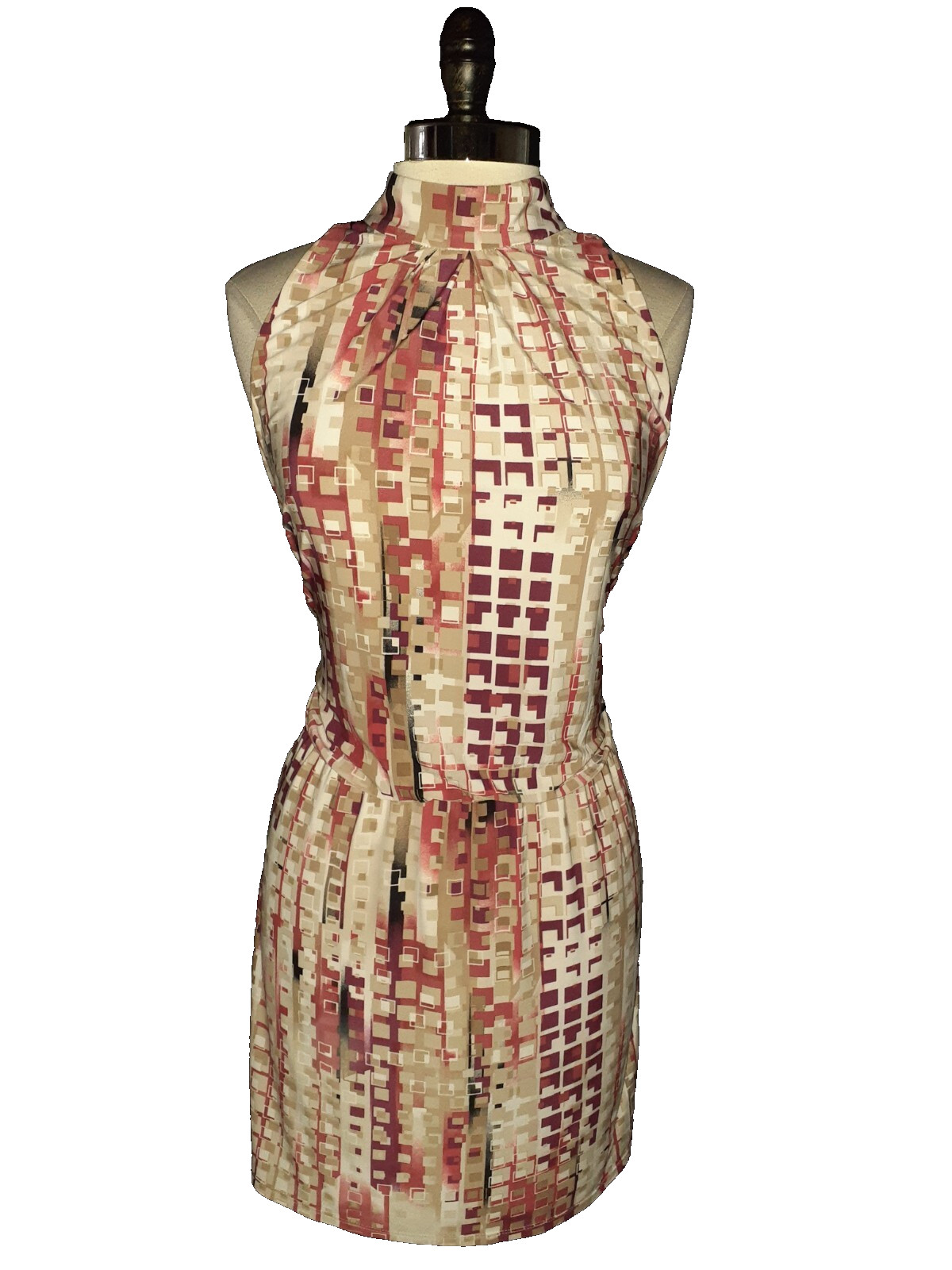 WHITE HOUSE BLACK MARKET Size M Blouson Dress Beige Rust Red Sleeveless Stretch