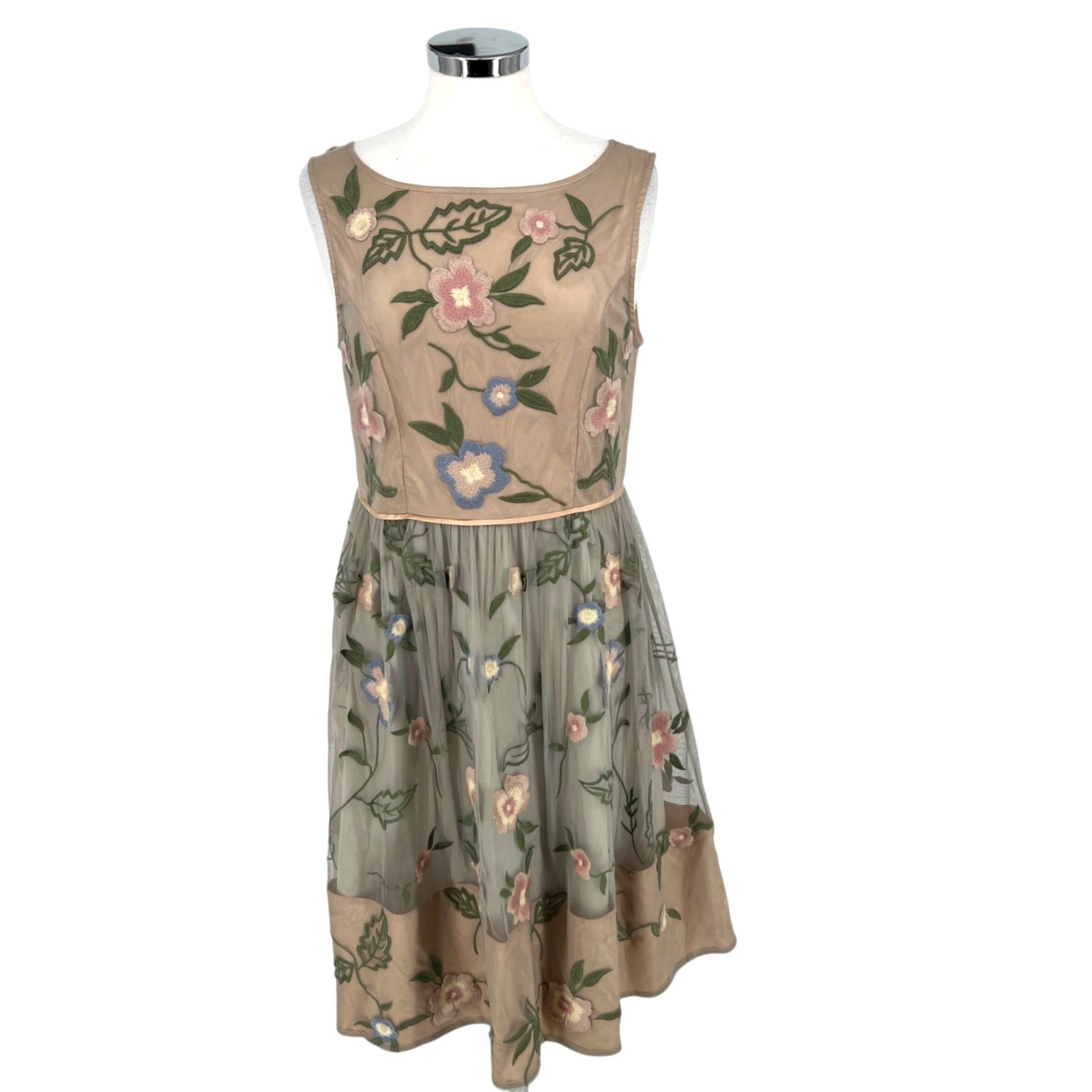 Sundance Peony Floral Embroidered Sleeveless Dress Beige Green Pink Size 8