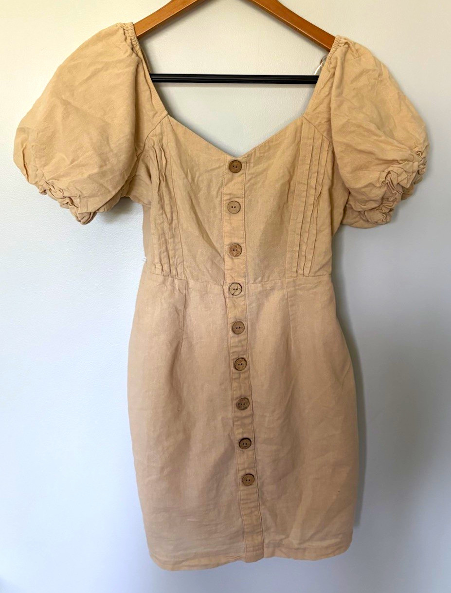 Milk & Honey Beige Woven Cotton Puff Sleeve Button Mini Dress, small