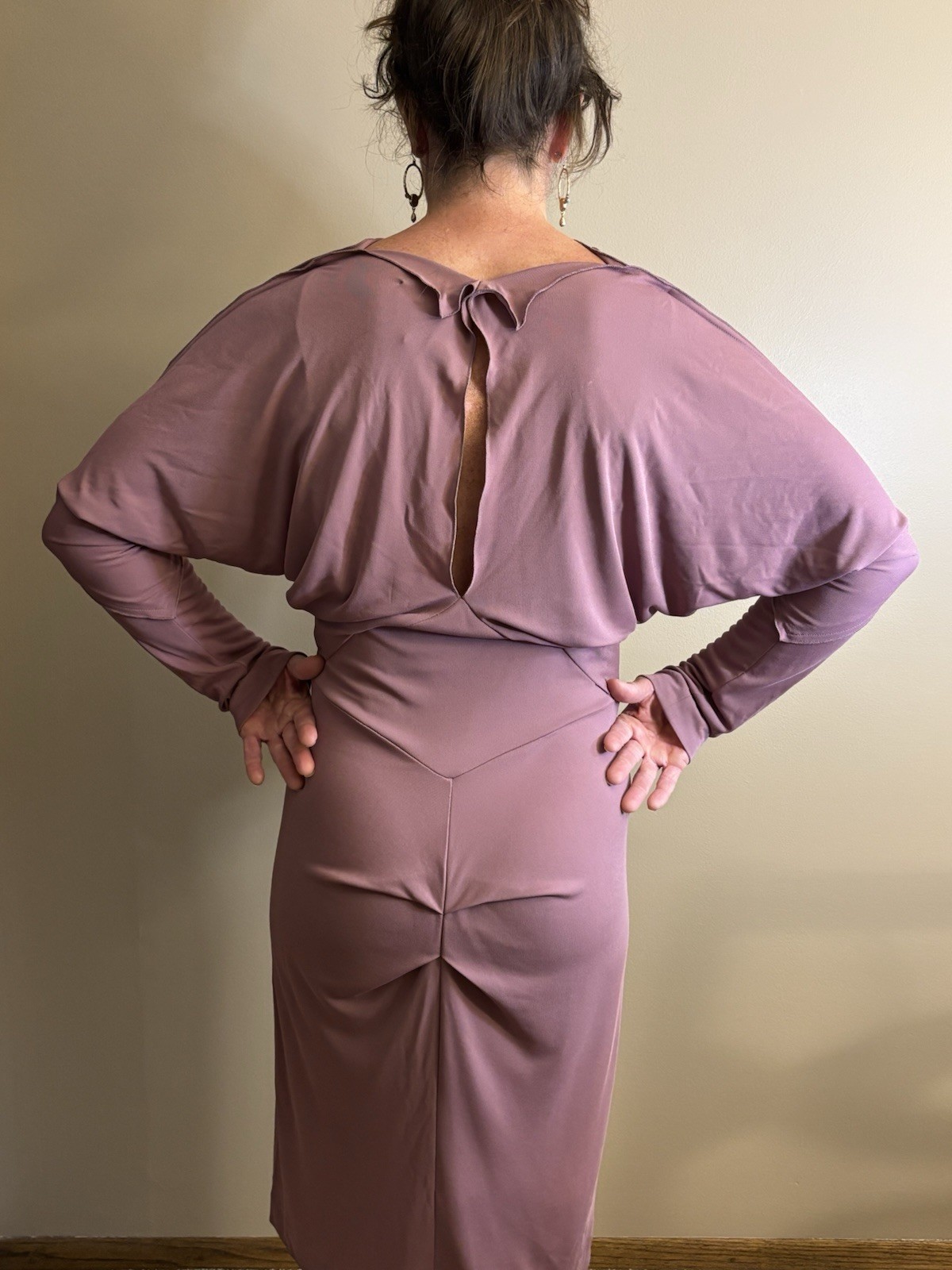 RM Roland Mouret Rose Mauve Flowy Asymmetric Dress, Draped Midi Dress Women’s 12