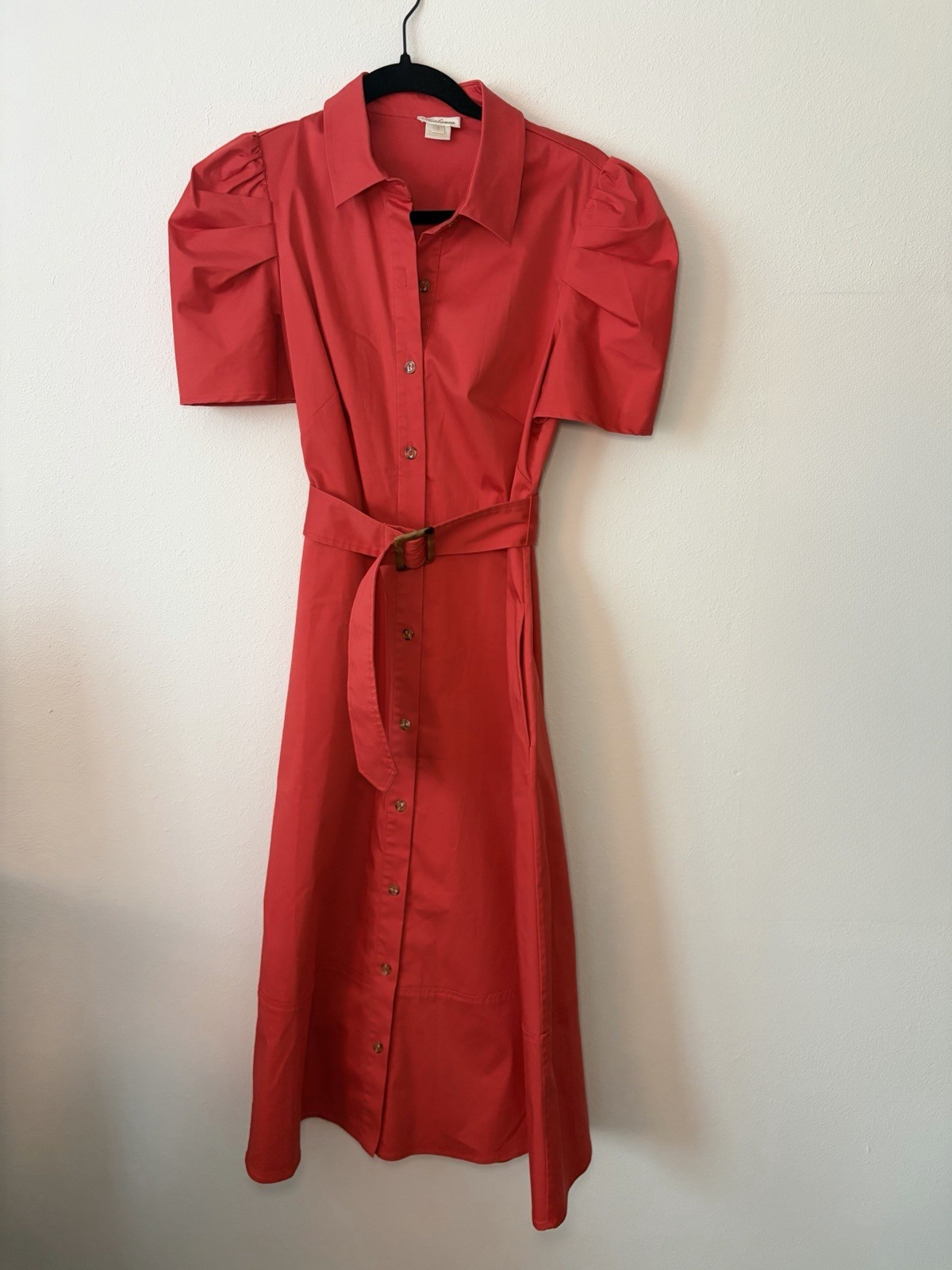 Shoshanna Red Collared Button-Front Puff Short Sleeve Belted Midi Shirt Dress 6