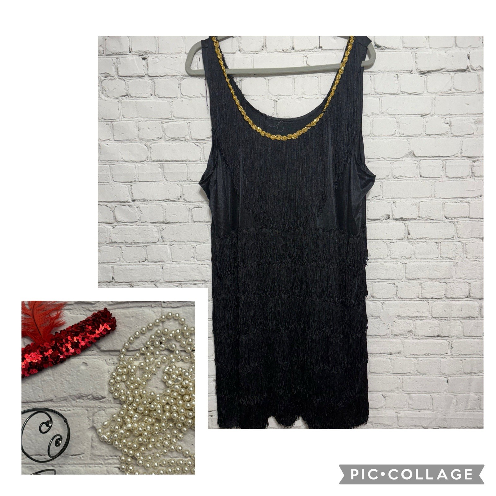 Flapper Dress Gatsby Fringe Gold Trim w/Accessories Costume Cosplay NO SIZE TAG