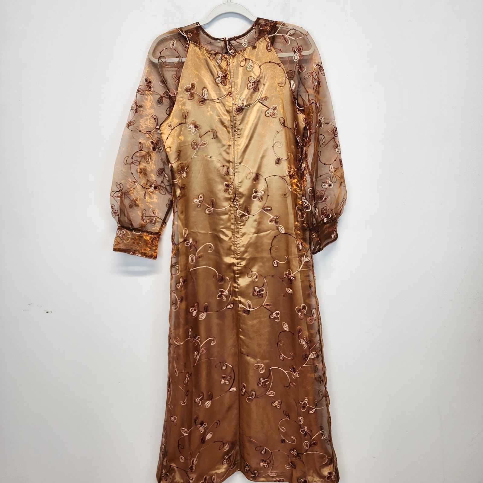 Embroidered Regency Floor Length Dress Size L Brown Damask Taffeta Sheer Whimsy