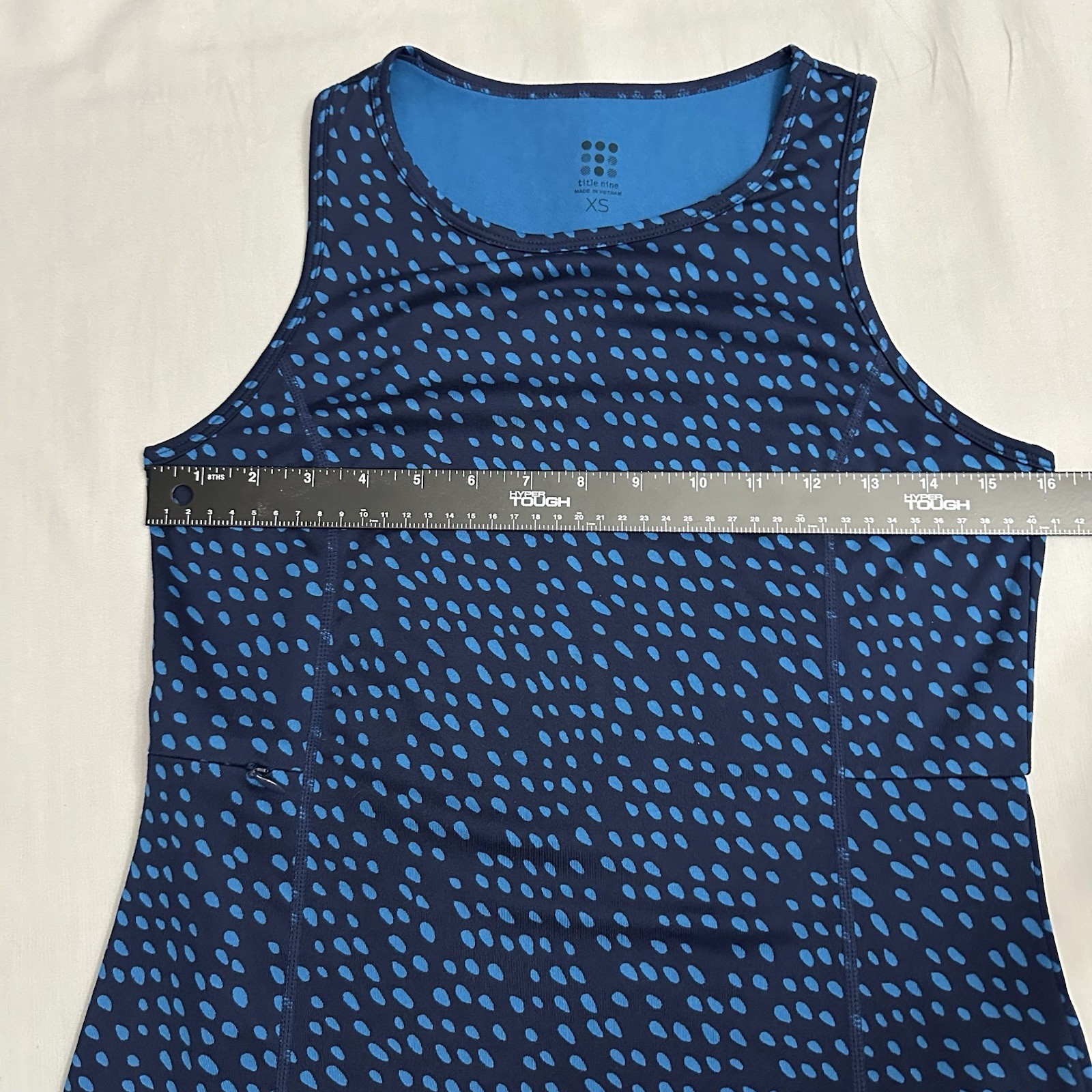 Title Nine Alpha Racerback Dress Womens XS Blue Batik Dot Sleeveless Zip Pocket