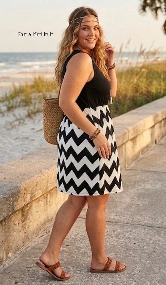 USA Boho Women’s Plus Size Black White Chevron Sleeveless Tank Dress 1X 2X 3X