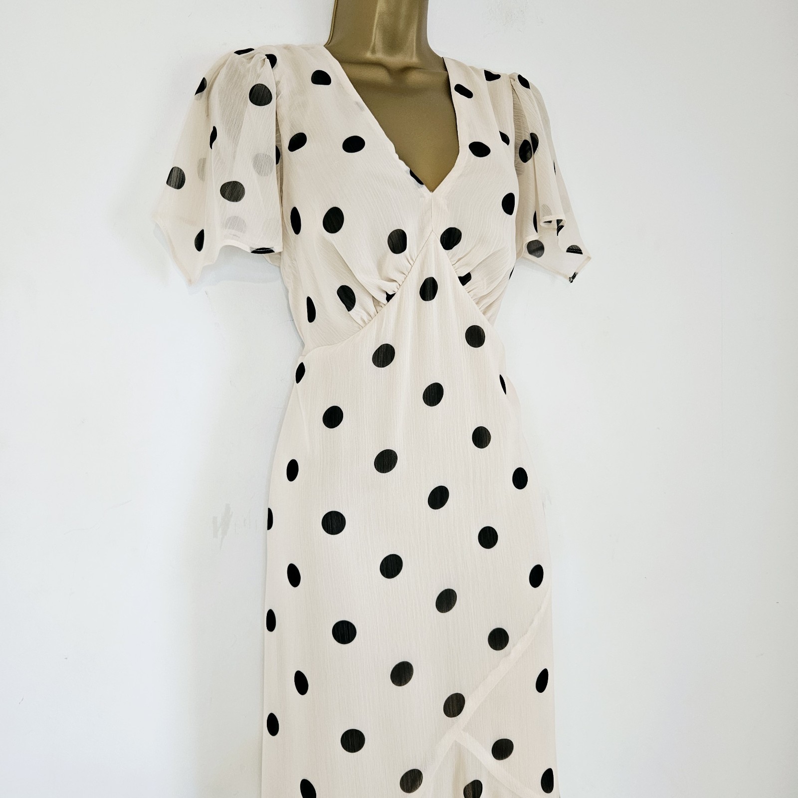 NEW ROMAN 12-24 Polka Dot Spotted Chiffon Beige Black Asymmetric Midi Tea Dress