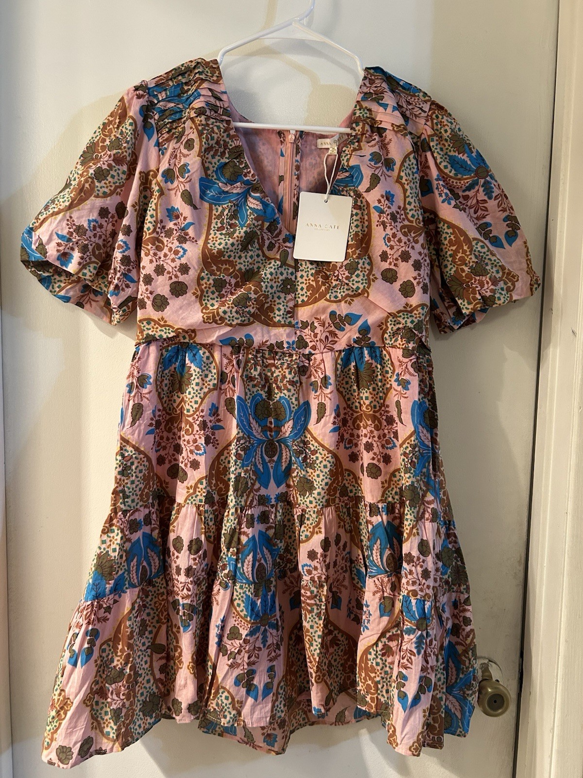 Anna Cate Collection Fit & Flare Floral Pink Cotton Ruffle Dress Puff Sleeve M