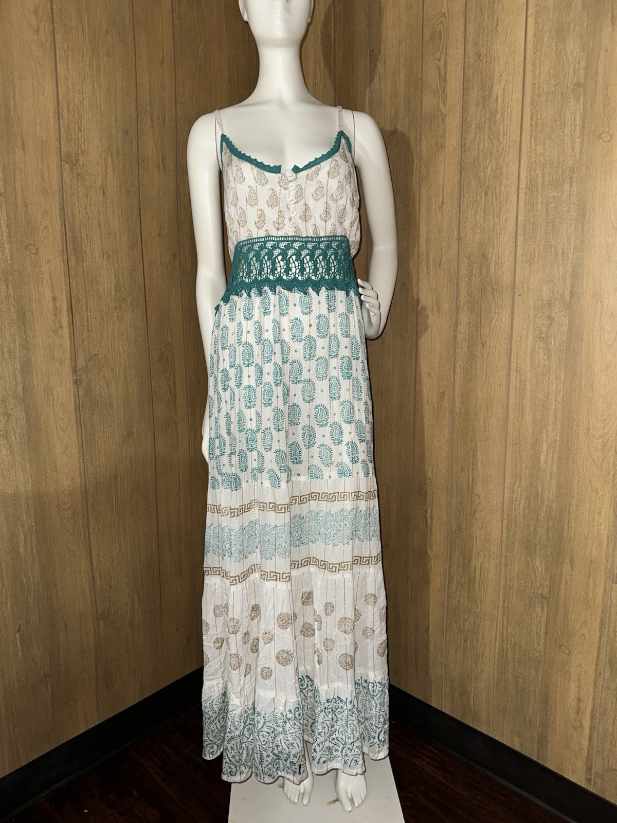 Sacred Threads L/XL White Teal Gold Paisley V-Neck Lace Waist Maxi 225094