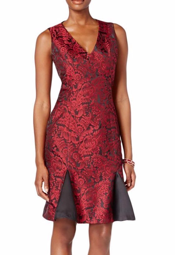 B Michael ~ Red & Black Jacquard V-Neck Flounce Party Dress 6 NEW $275