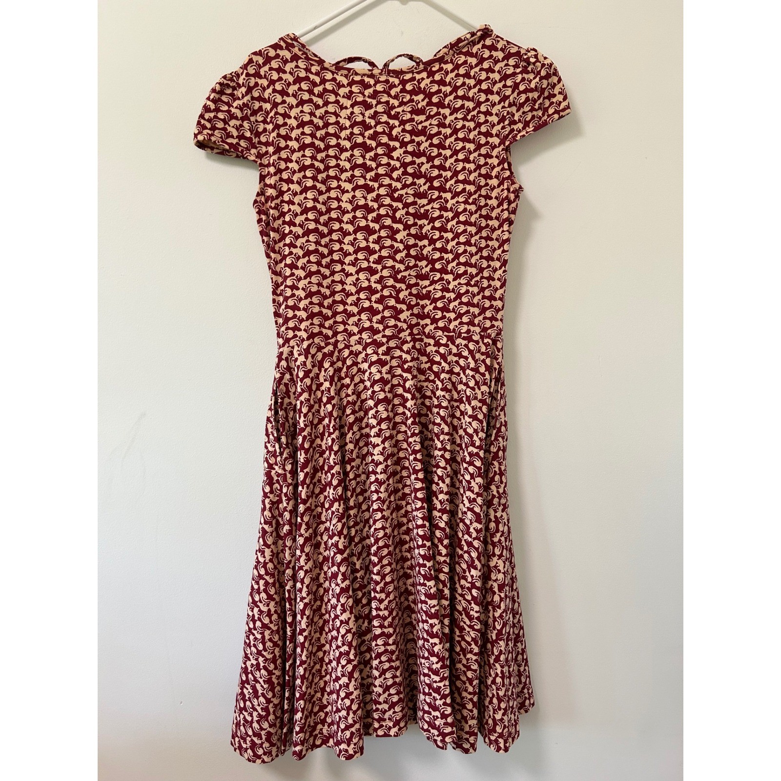 Effie’s Heart Burgundy Squirrel Print Fit and Flare Dress Pockets Small