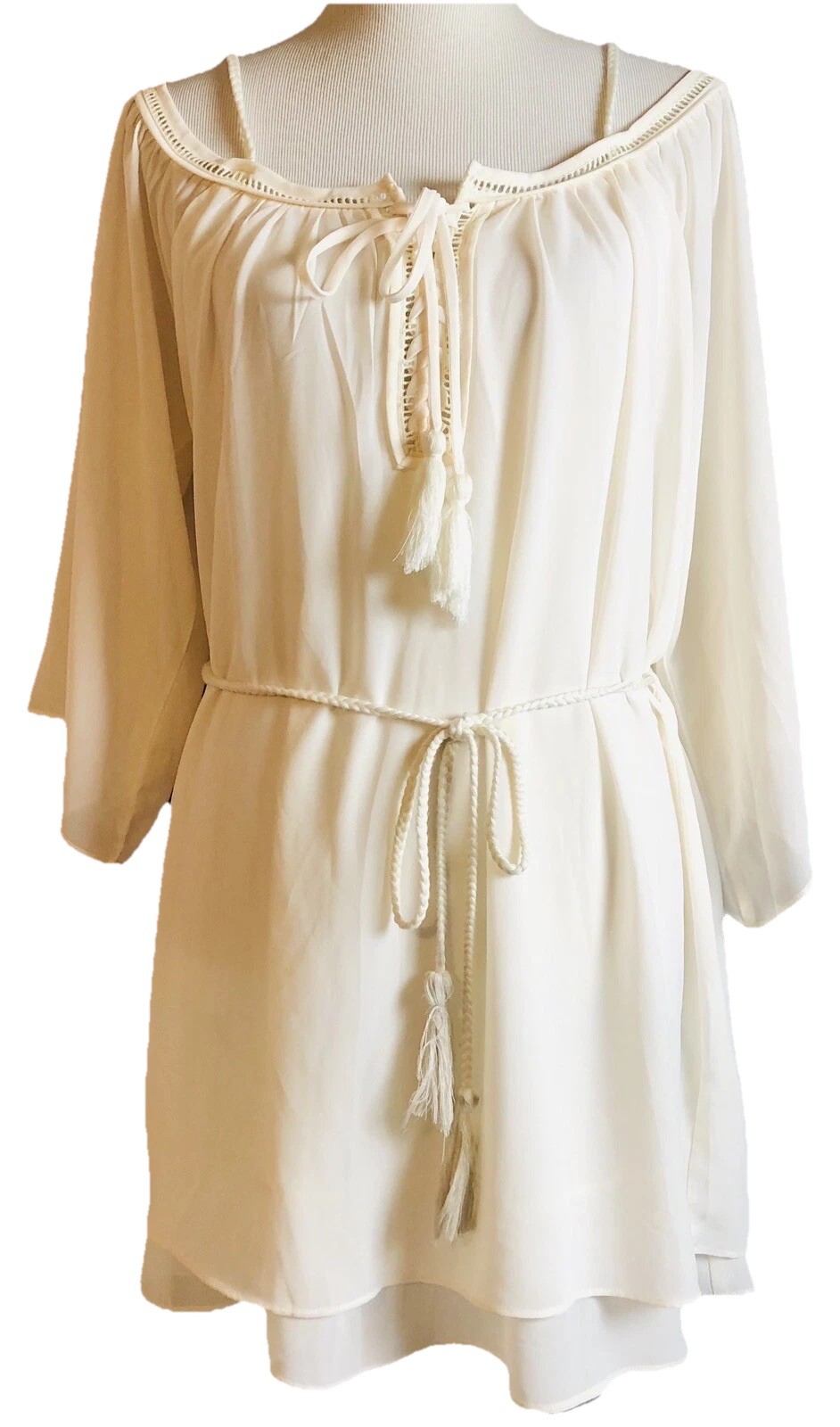 Love Culture Layered Mini Dress Sz S Cold Shoulder Ivory Belted Tassels Coastal