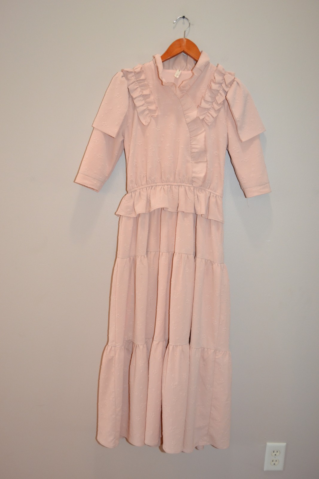 Ladida Powder Pink short sleeve Ruffle Embroidered Tiered Romantic Midi Dress S