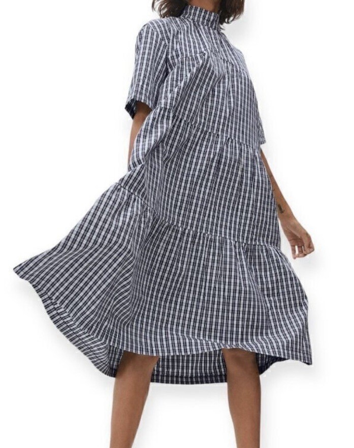 Everlane Dress Women’s XL Tiered Mock Neck Plaid Midi Preppy Casual Ruffle