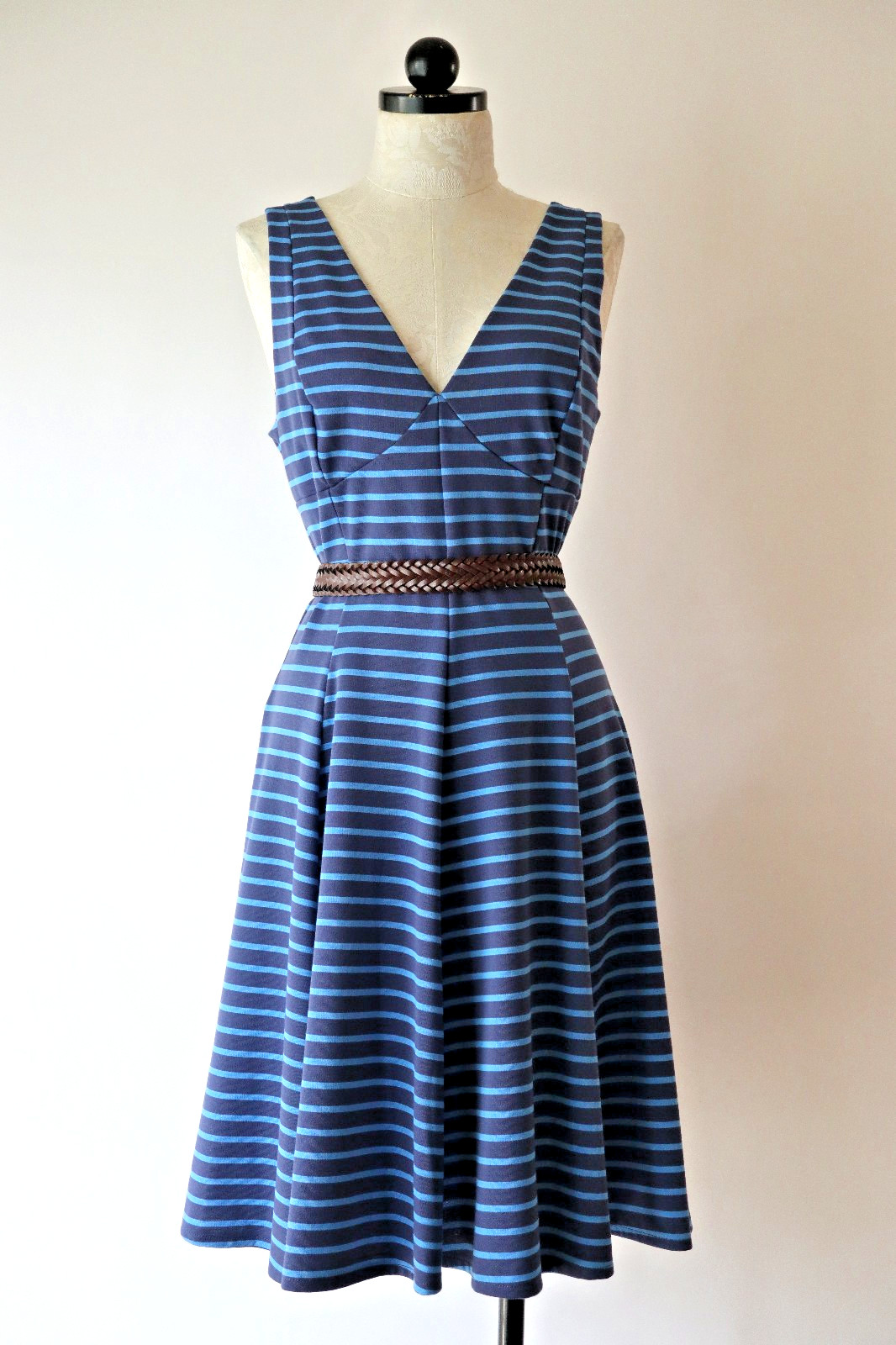 Peter Som Design Nation Blue Striped Stretchy Jersey Full Skirted Dress Women 10