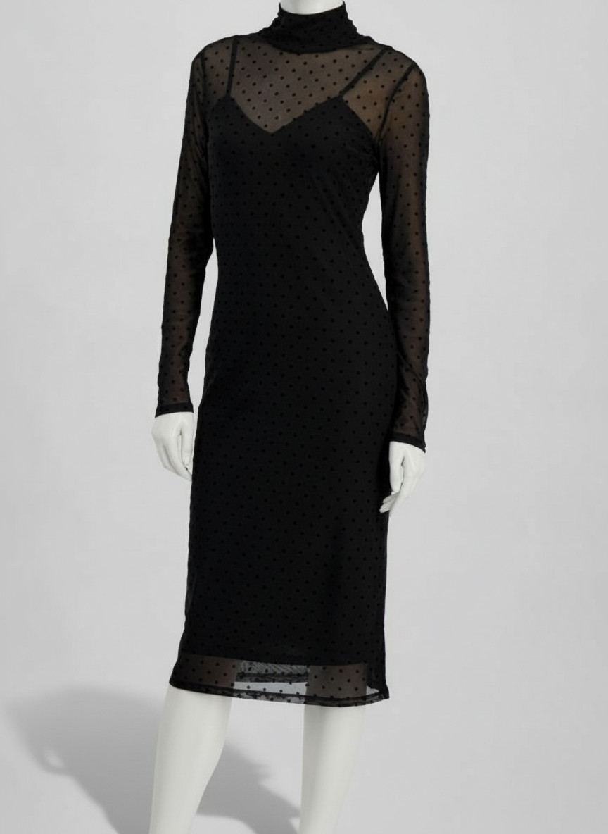 Rachel Roy Women’s Black Lydie Dotted Lined Mesh Mock-Neck Sheath Dress Size XL