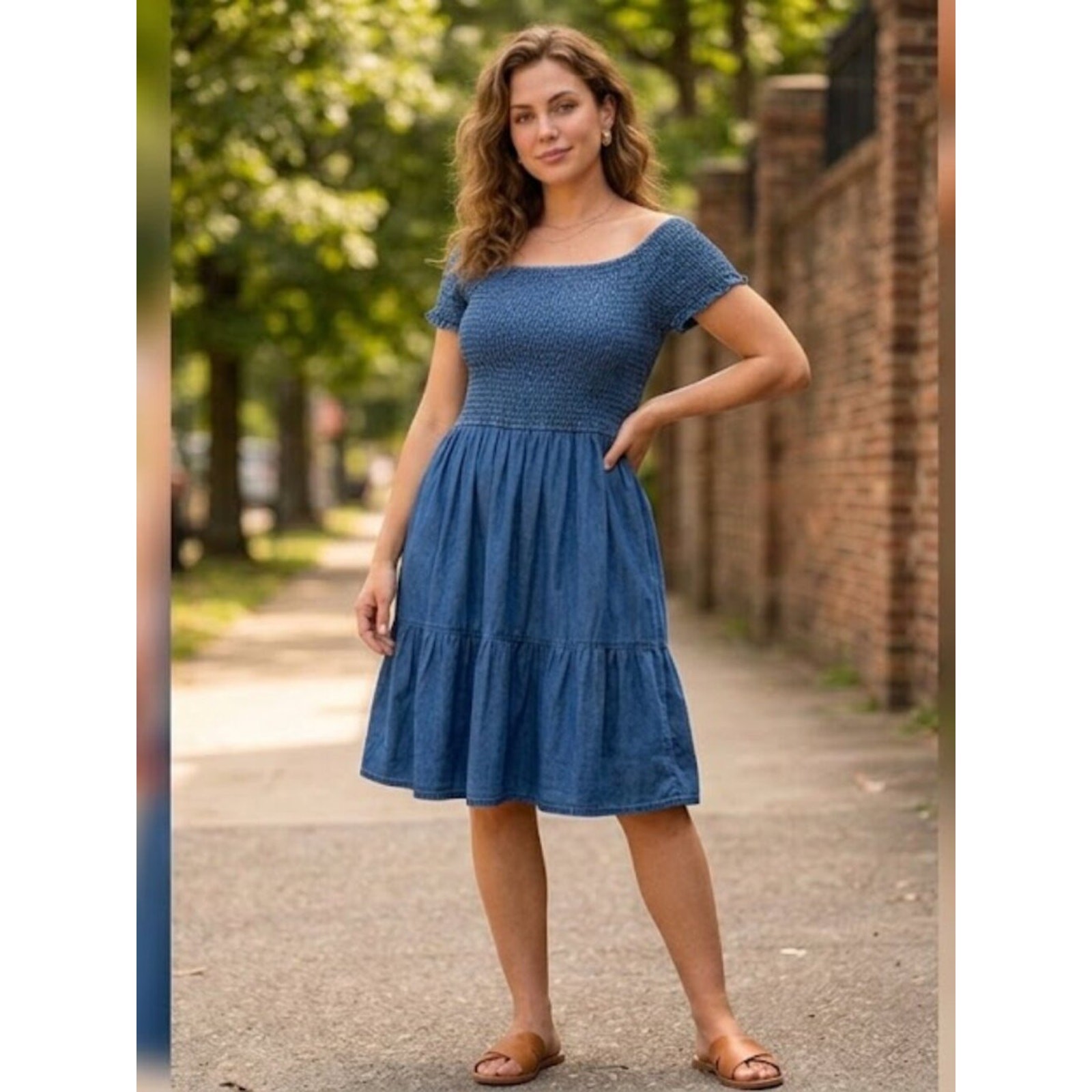 M.P.H. Collections Blue 100% Cotton Denim Look Smocked Tiered Midi Dress XL