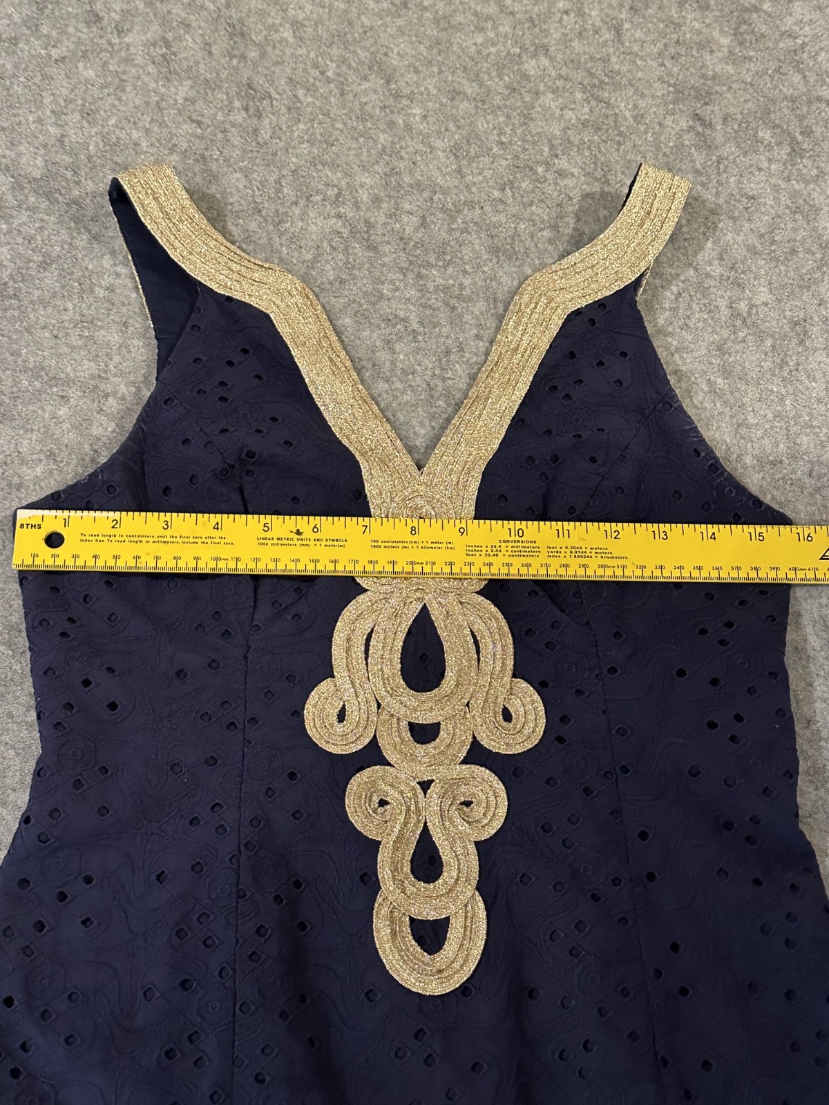 Lilly Pulitzer Emery Shift Dress Navy Blue Gold Soutache Starfish Eyelet Size 0