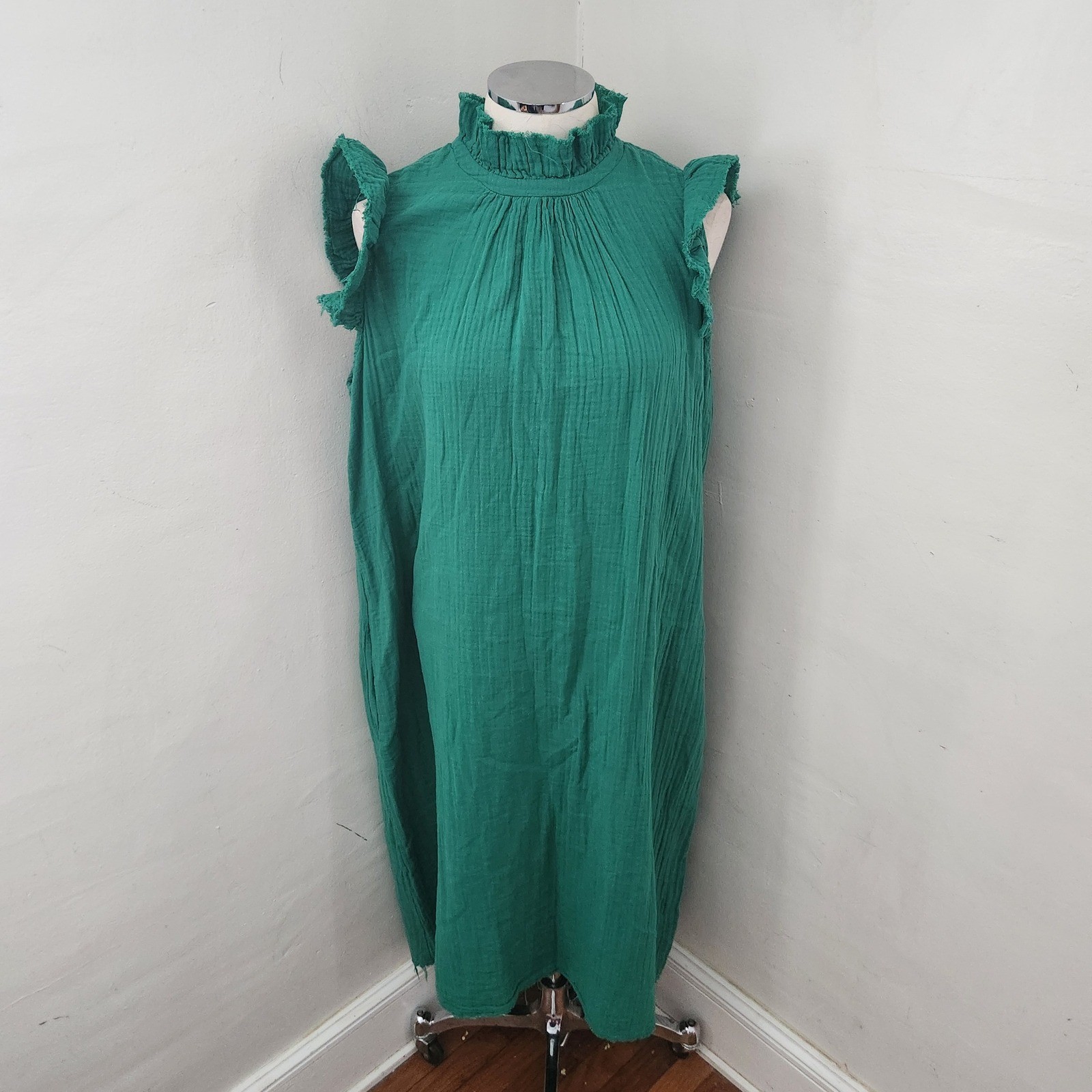 STARK X Emerald Green Gauze Mock Neck Ruffle Sleeveless Midi Dress Women’s L