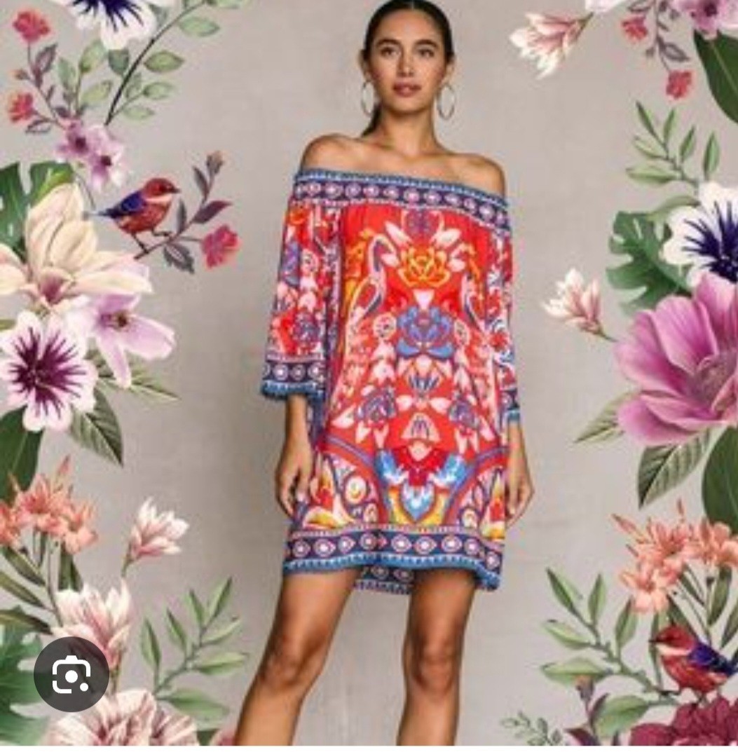 Flying Tomato Boho Off The Shoulder Shift Dress In A Vibranth Red Floral Size M