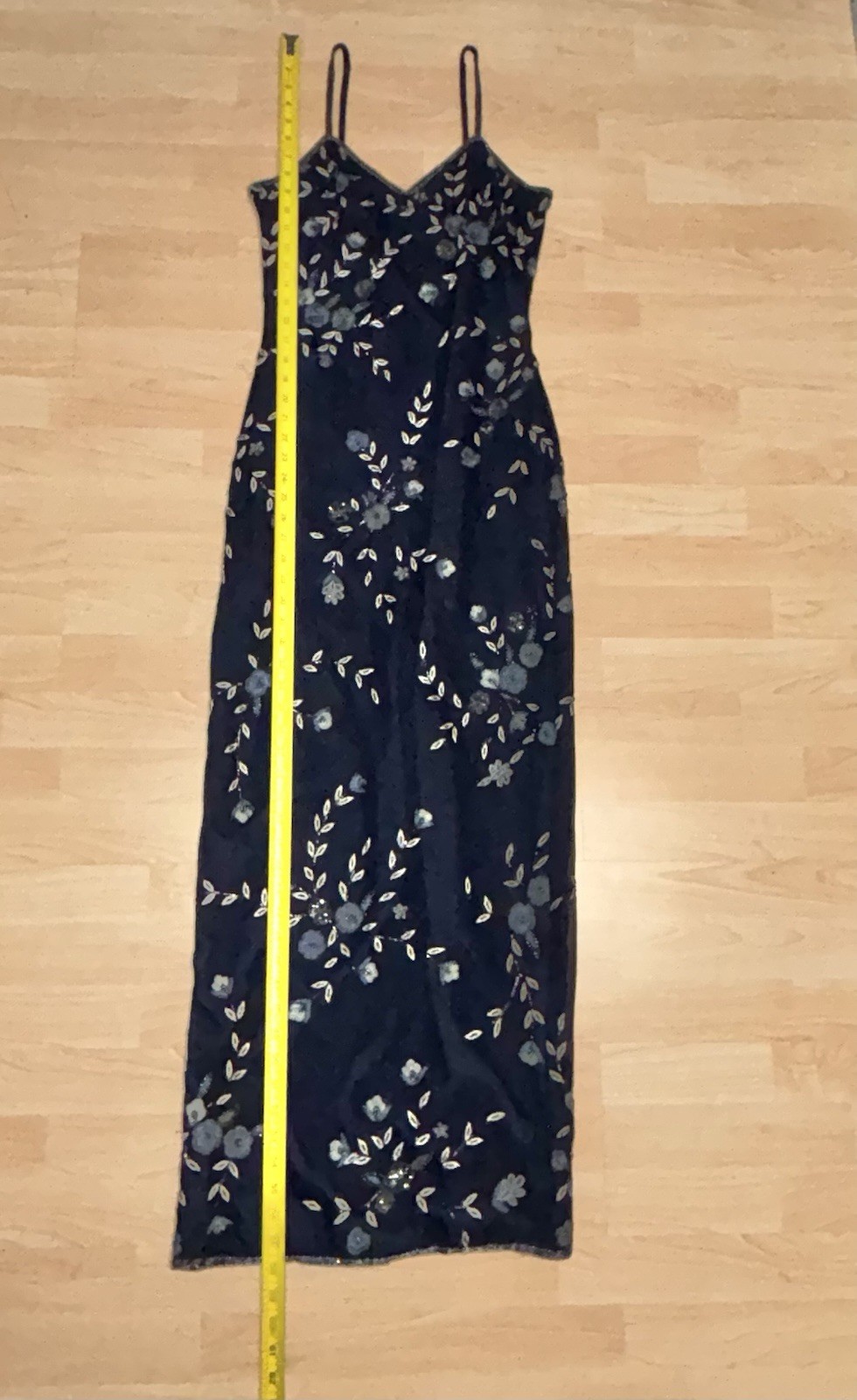 Rare Vintage SCALA Navy Size S Pure Silk Beaded Maxi Dress Gown Slit Elegant