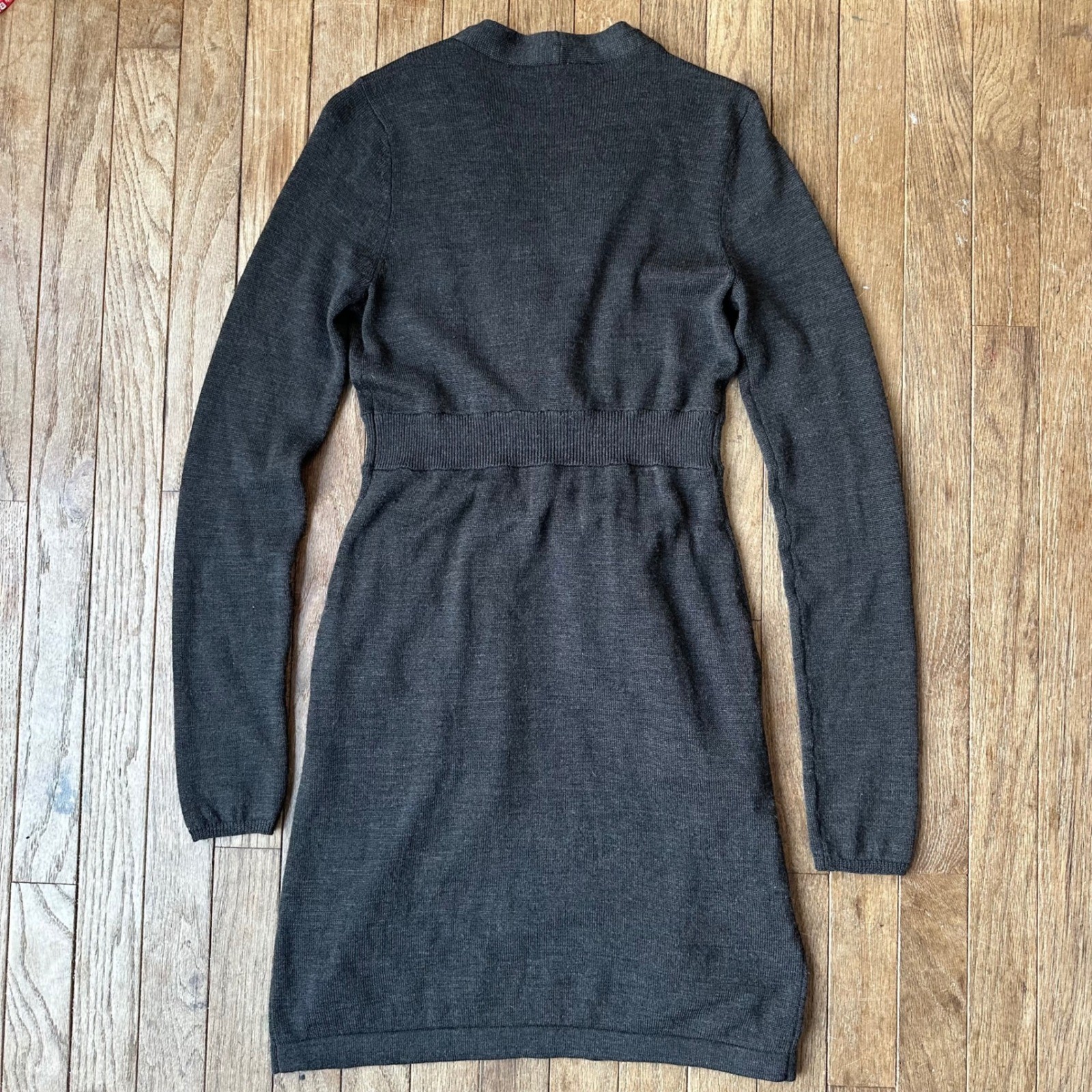 Merino Wool Blend V Neck Faux Wrap Sweater Dress BCBG Women Brown Grey Size S