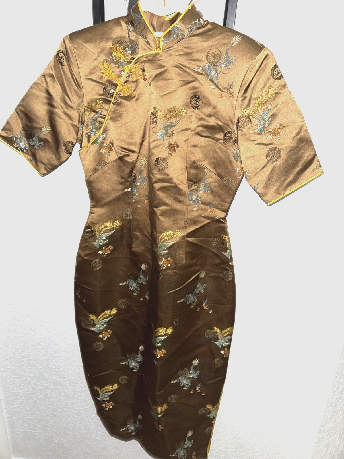 VTG Asian Oriental Geisha Kimono Dress Lined Bronze Sz S wc