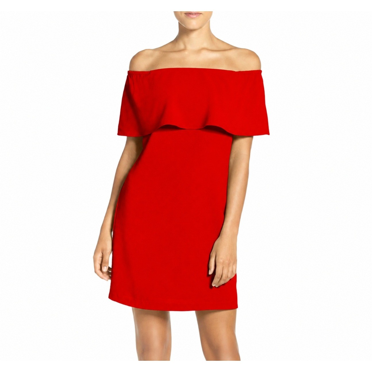 NWT Charles Henry Off Shoulder Dress Womens M Red Crepe Flounce Party