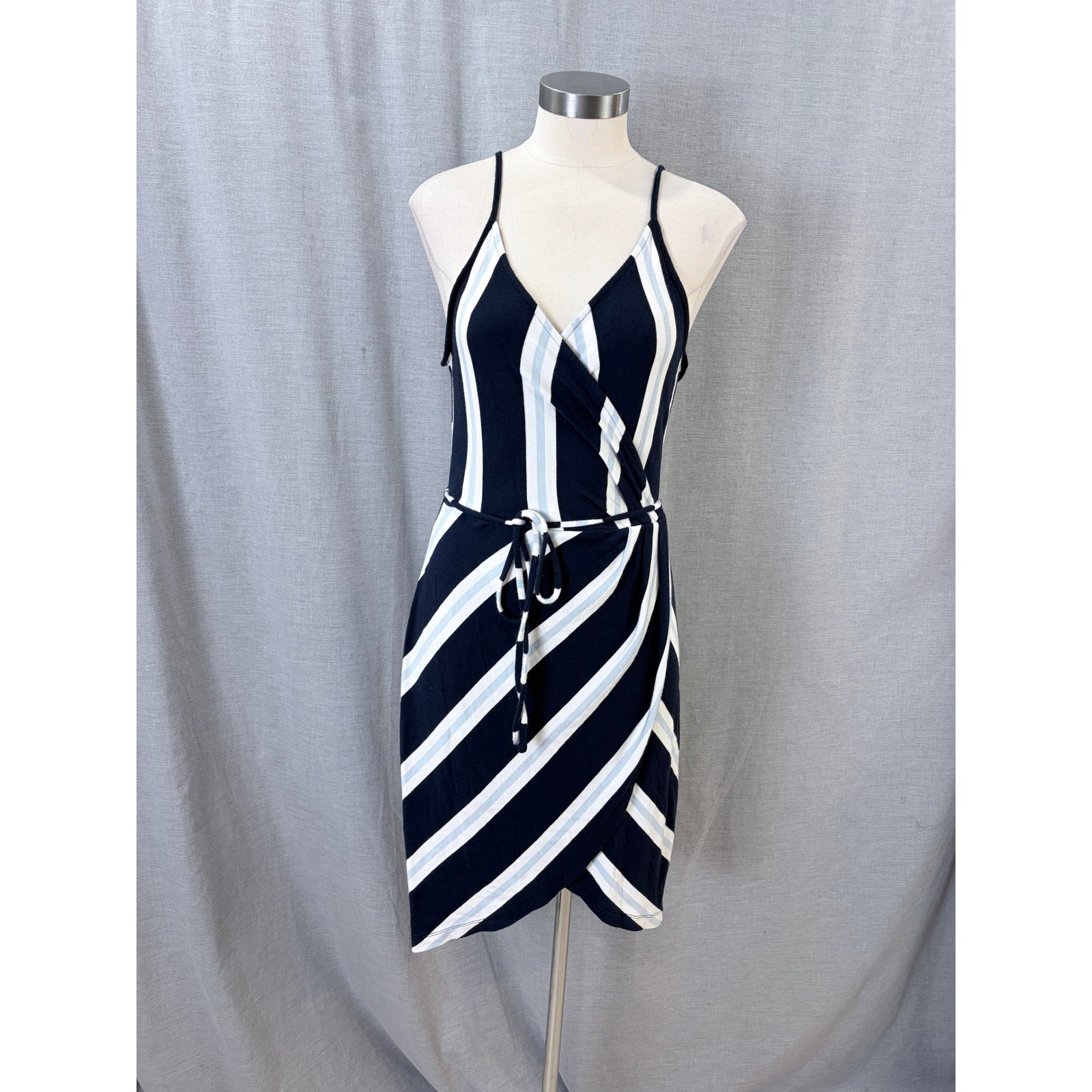 41 Hawthorn Navy Blue White Striped Sleeveless Faux Wrap Tulip Hem Dress PM