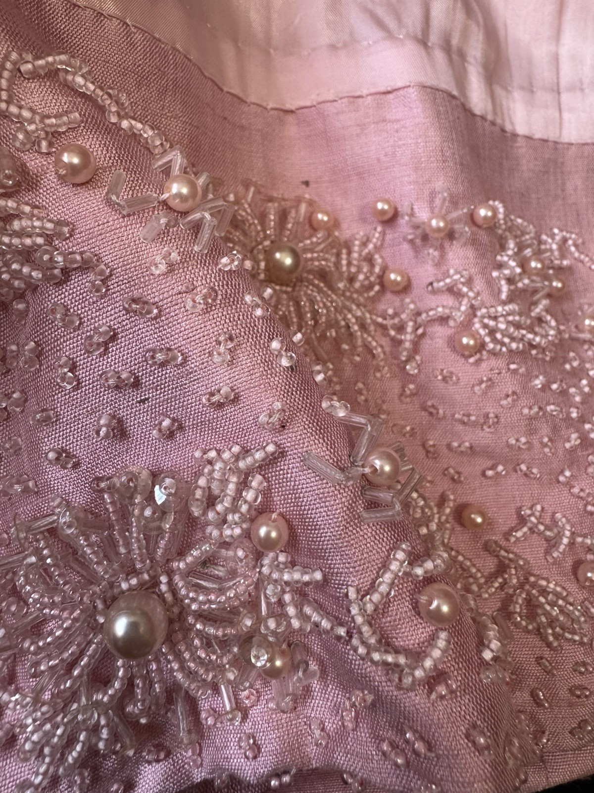 Vintage Pink Hand Beaded Cocktail Dress | Pearls Silk | 60’s Jackie O Glam