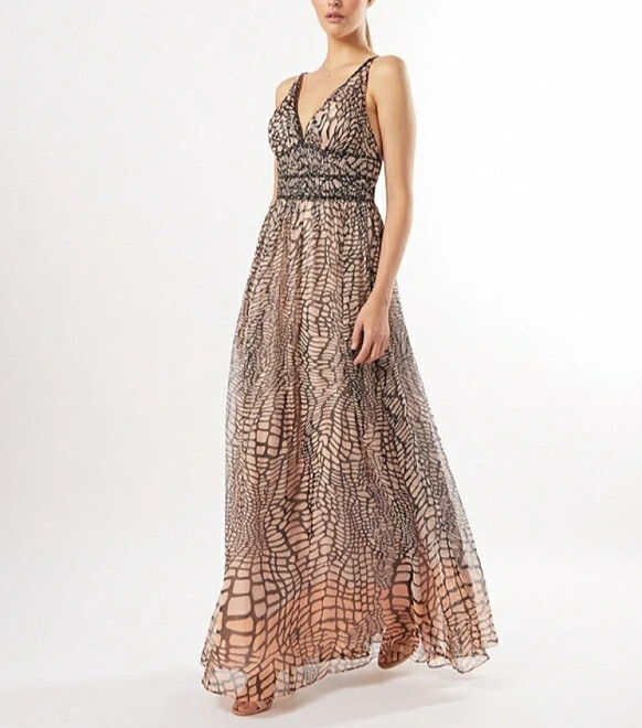 Carla Ruiz 50409 Full Length Chiffon Dress Black/Nude/Orange UK16 #Sleek BNWT