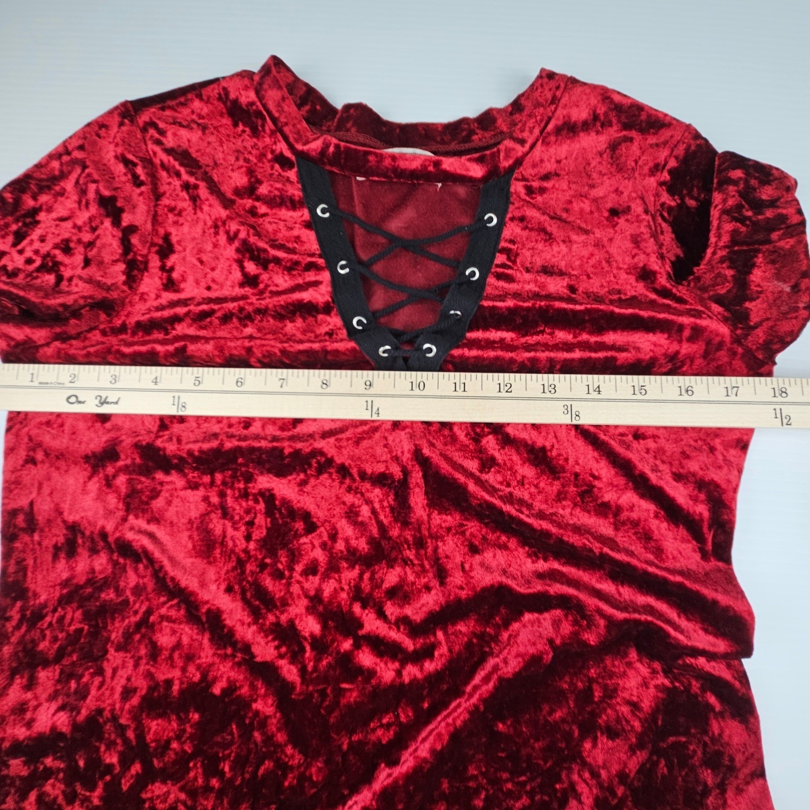 Adam Levine Red Crushed Velour Lace Up Mini Dress Short Sleeve Whimsigoth Y2K