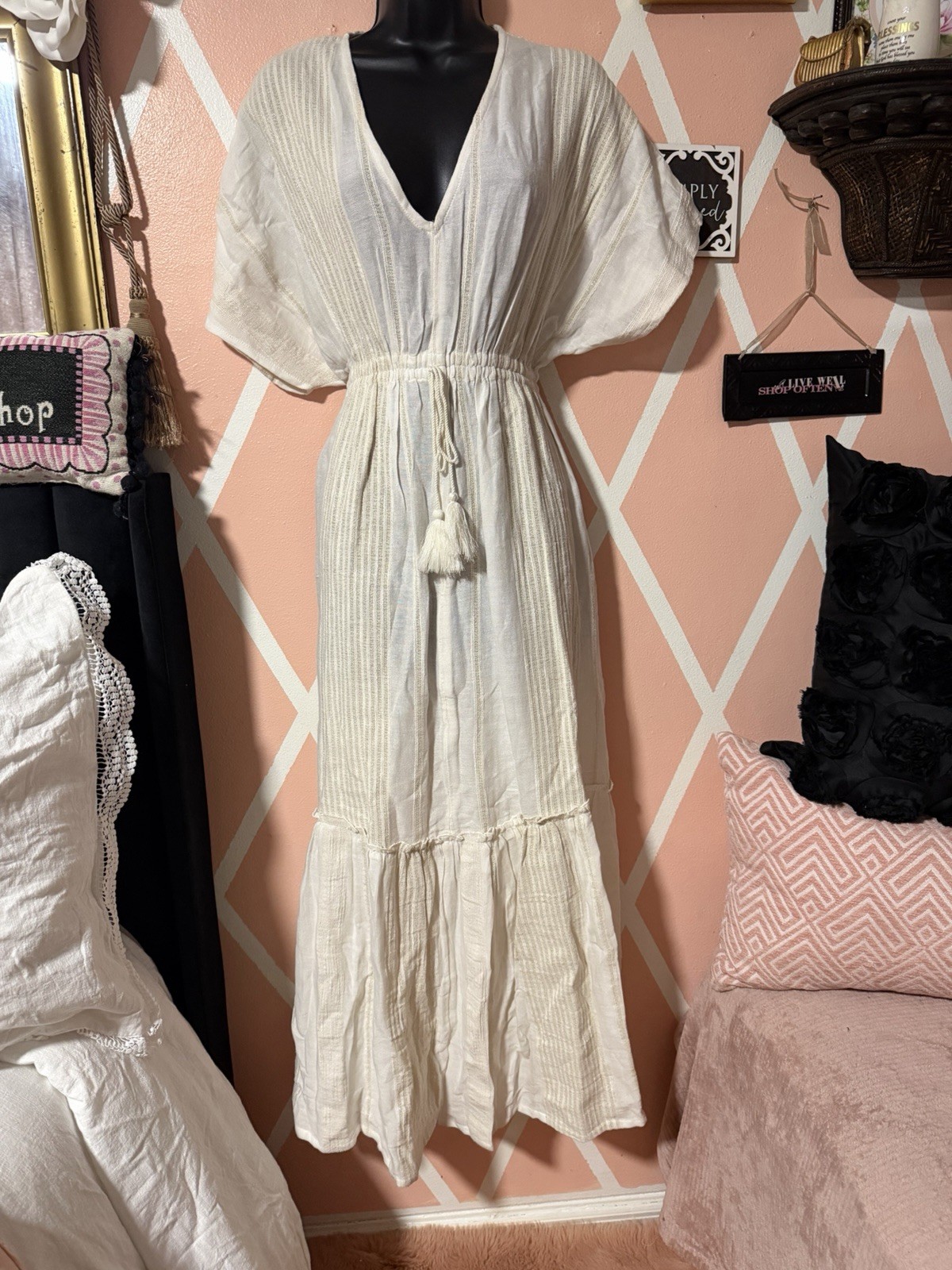 Elan Resor Wear Maxi Cover Up Dress Small Beige Gold