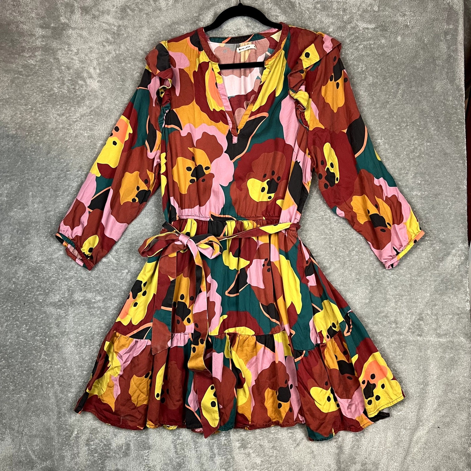 Marine Layer Elise Exploded Floral Ruffle Tiered Mini Dress Tie Sash Women’s XL